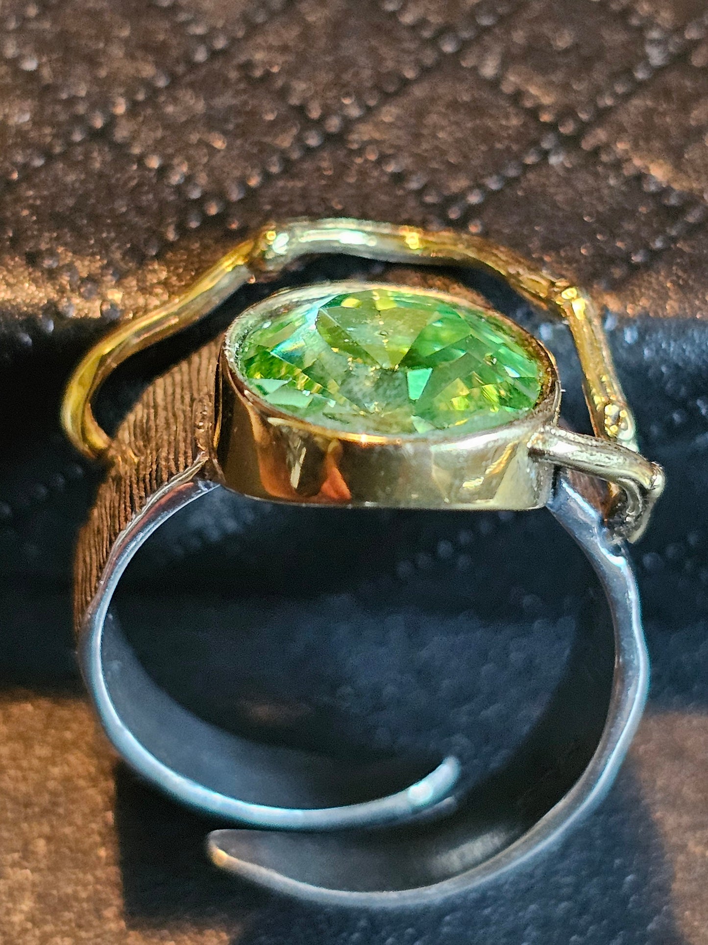 Uranium Glass Men's Ring Adjustable size with a 12x10 mm vintage Uranium glass Oval cut stone that glows under black / UV light