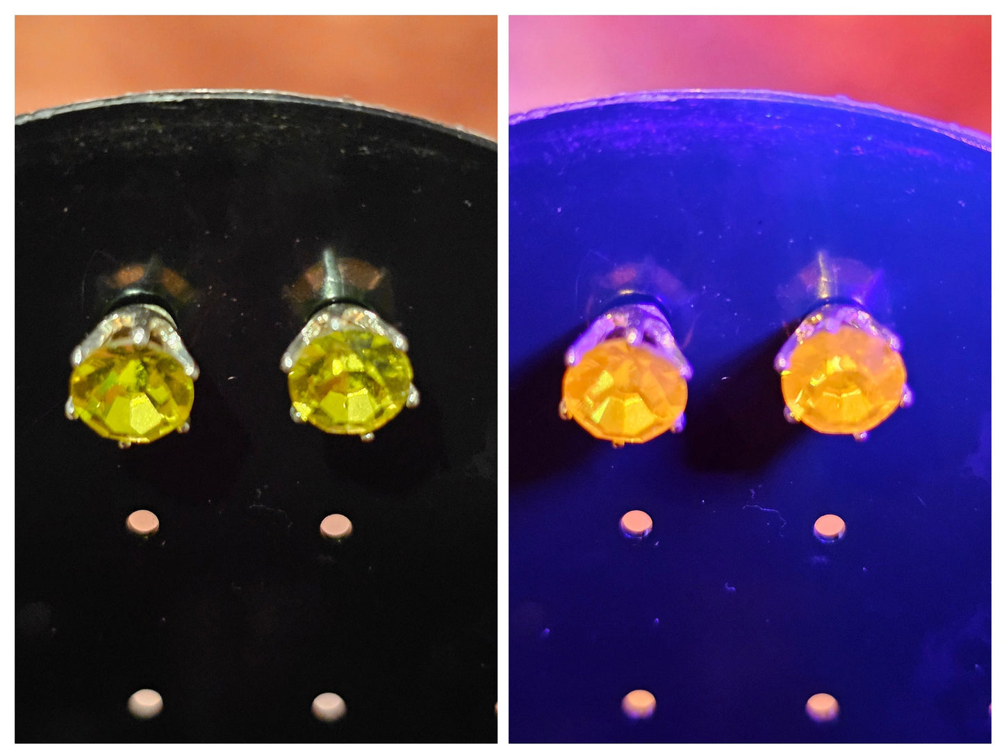 Uranium Glass Earrings in Sterling Silver with large Vintage Uranium Glass stones, Green Yellow or the rare Pink glows under black/UV light