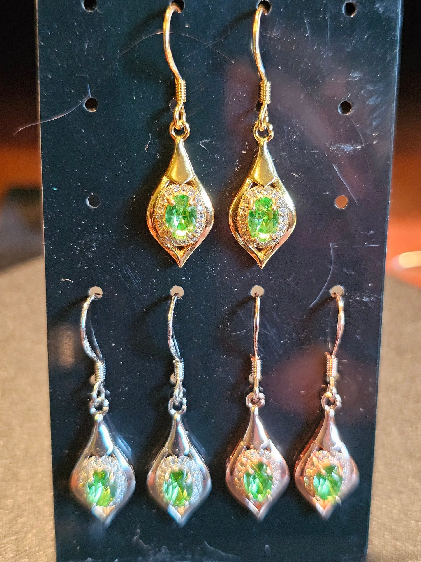 Uranium Glass Earrings in new White, Yellow, or Rose Gold plated Sterling Silver with Vintage Uranium Glass stones, glows under black/UV lig