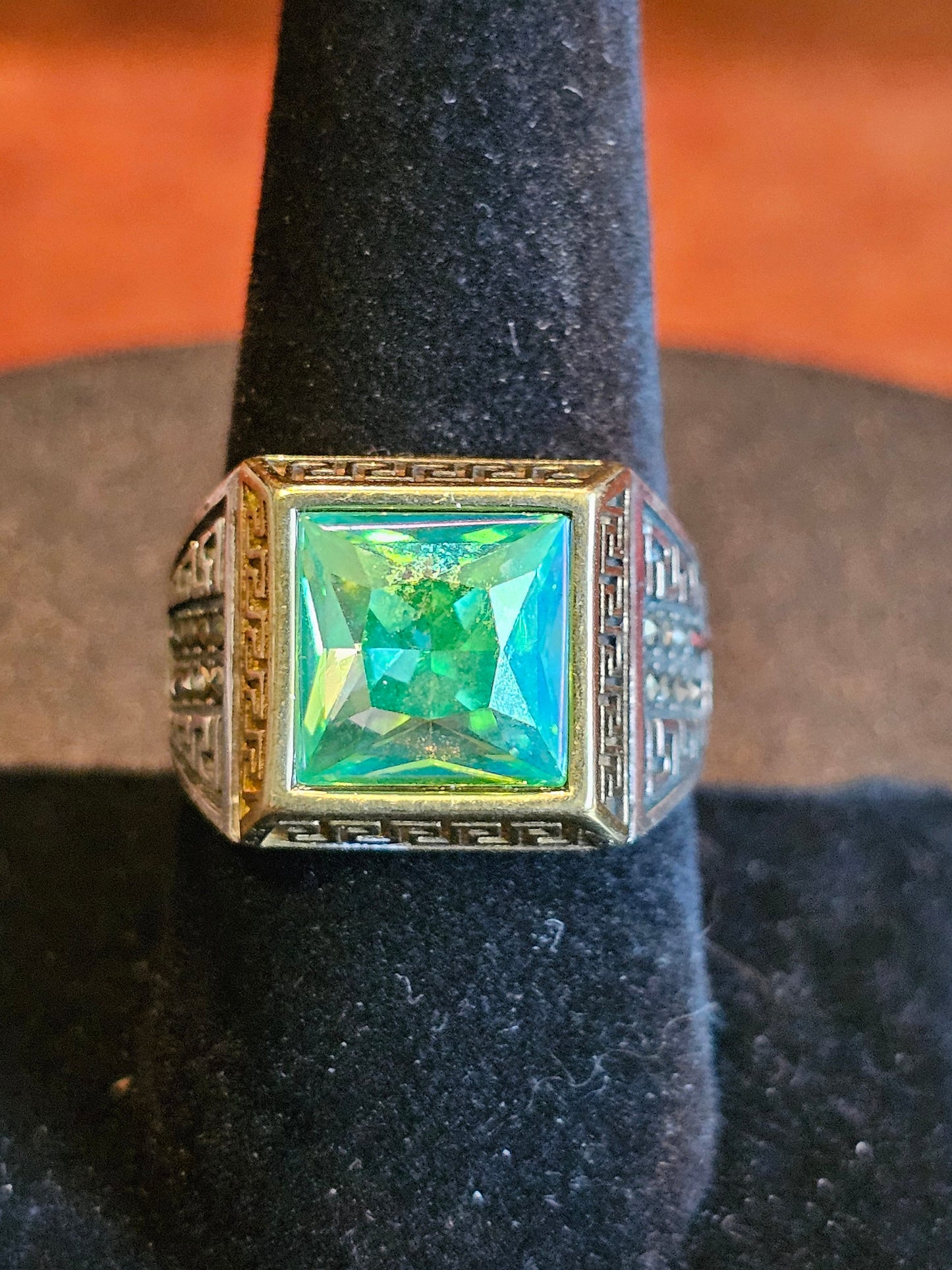 Uranium Glass Men's Ring new Sterling Silver Adjustable with 10x10 mm vintage Uranium glass Square cut stone glows under black / UV light