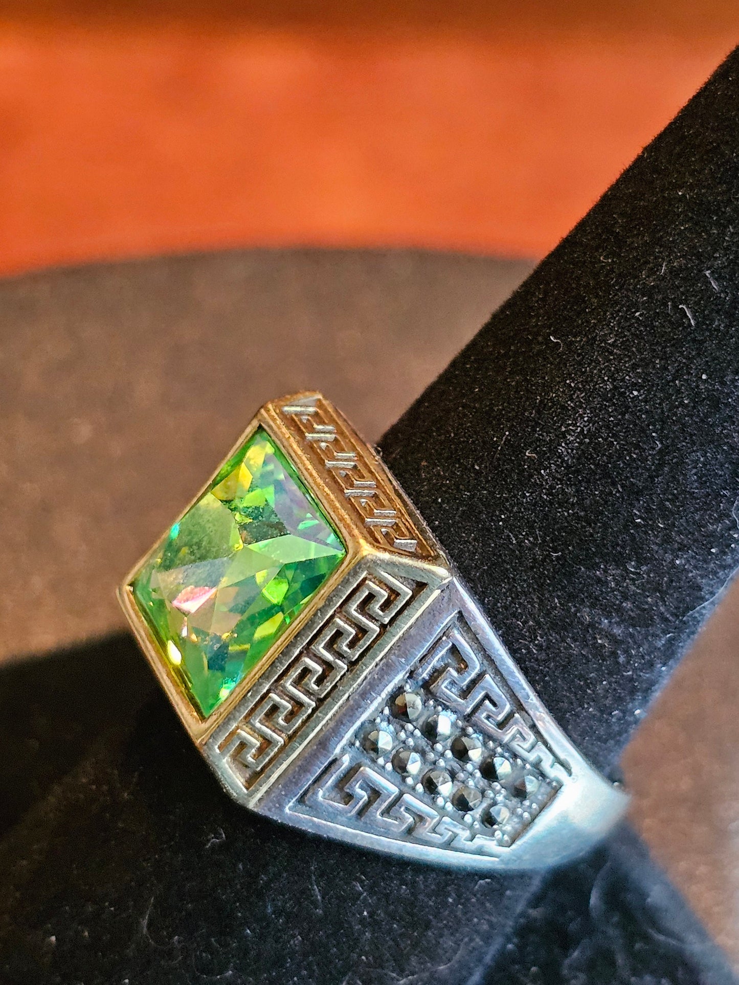 Uranium Glass Men's Ring new Sterling Silver Adjustable with 10x10 mm vintage Uranium glass Square cut stone glows under black / UV light