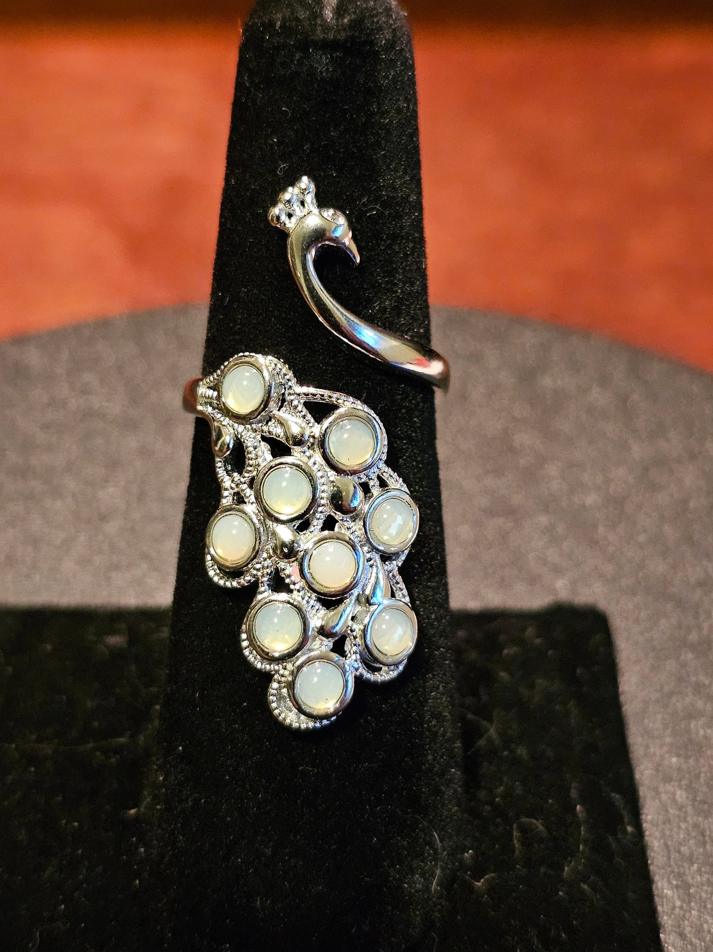 Uranium Glass Peacock Ring adjustable new Sterling Silver vintage Uranium glass round cut stones that glow under black / UV light