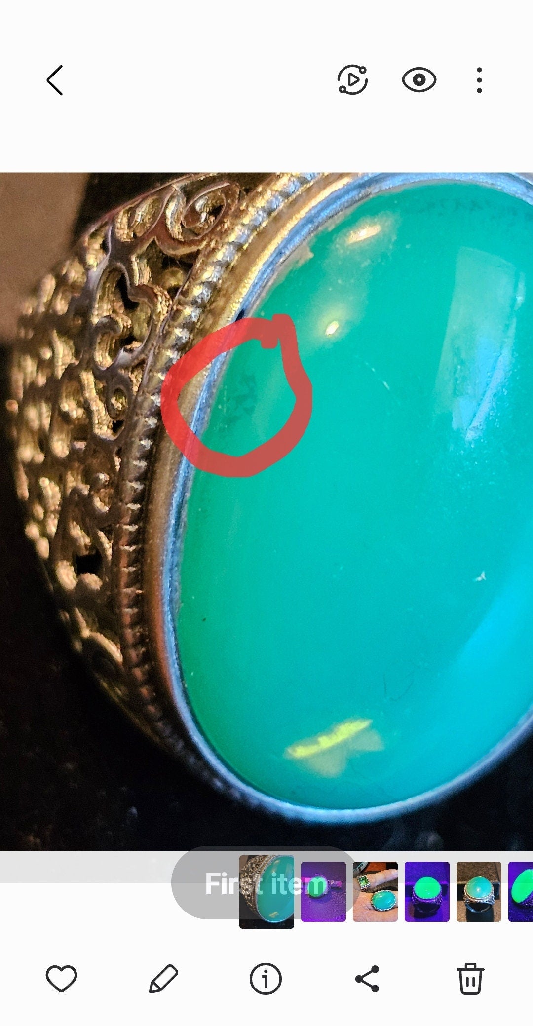 Uranium Glass Men's Ring Adjustable with 25x18 mm vintage Uranium glass Cabochon cut opal colored stone that glows under black / UV light