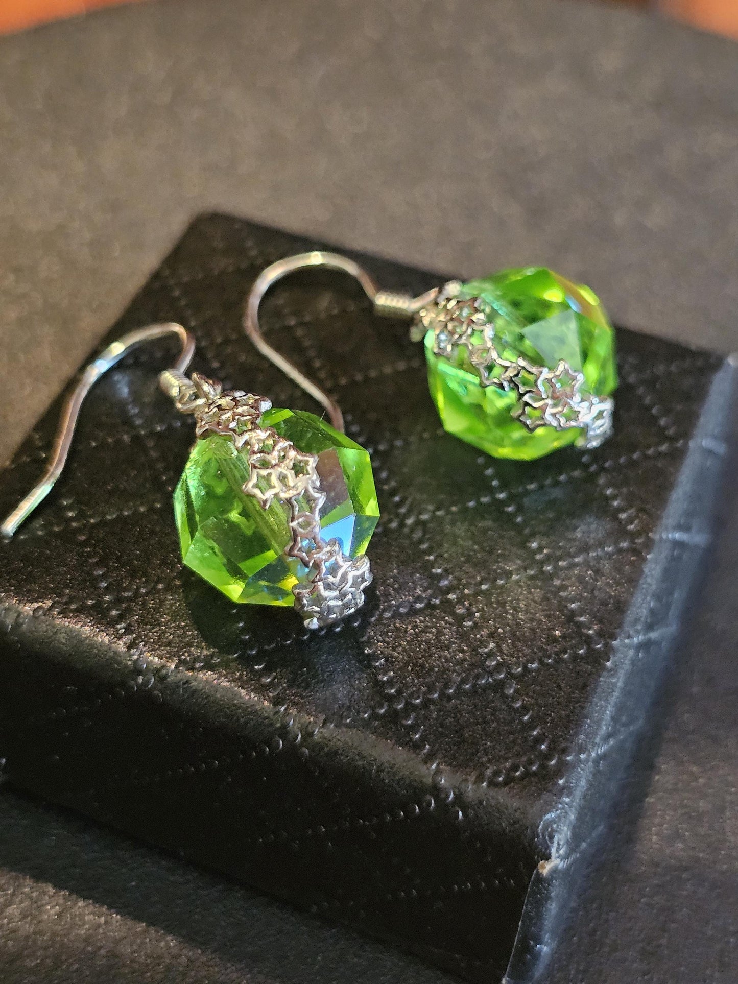Uranium Glass Earrings with large vintage 12mm round cut Uranium Glass beads in new Sterling Silver that glow under black / UV light