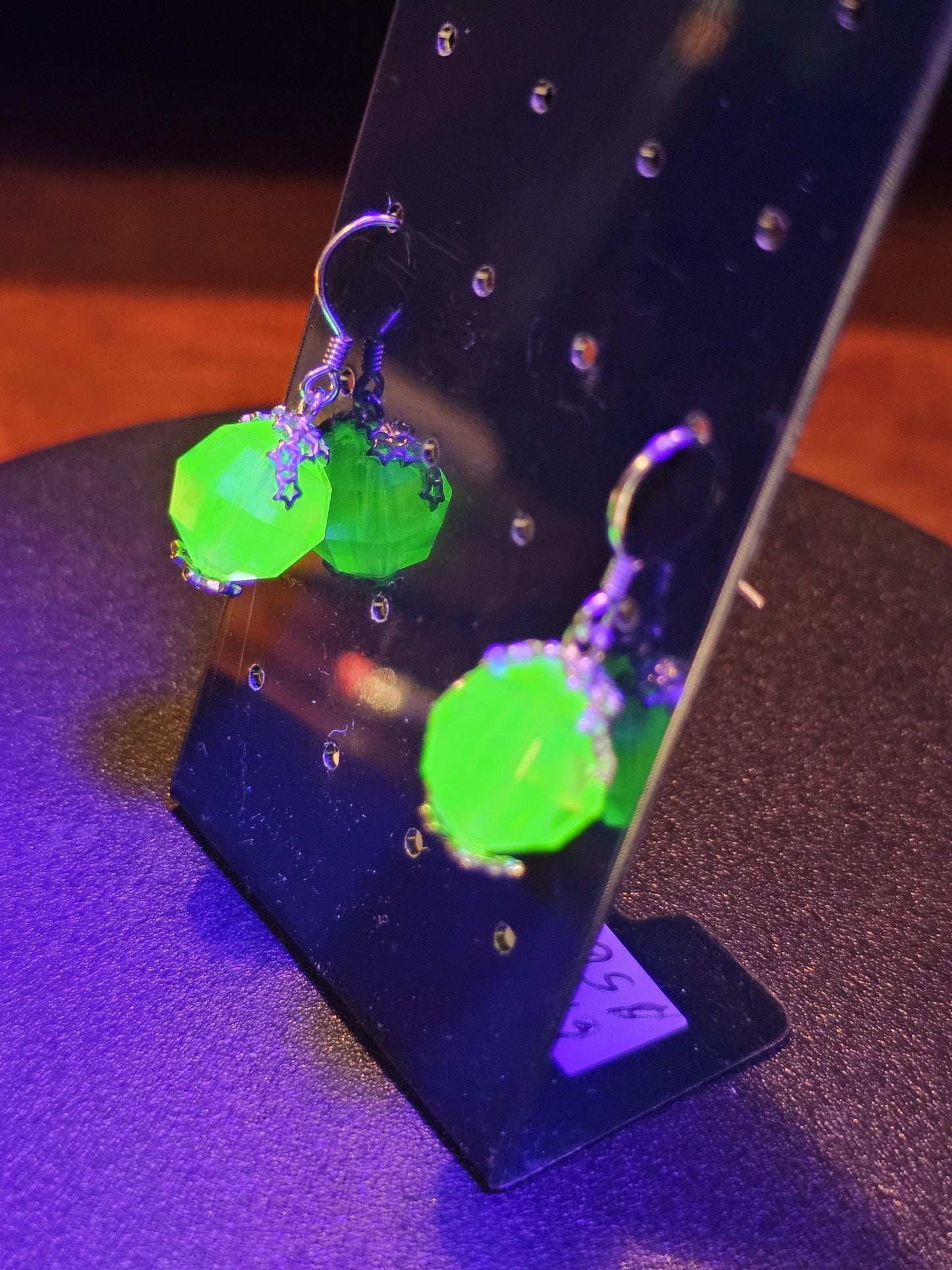 Uranium Glass Earrings with large vintage 12mm round cut Uranium Glass beads in new Sterling Silver that glow under black / UV light