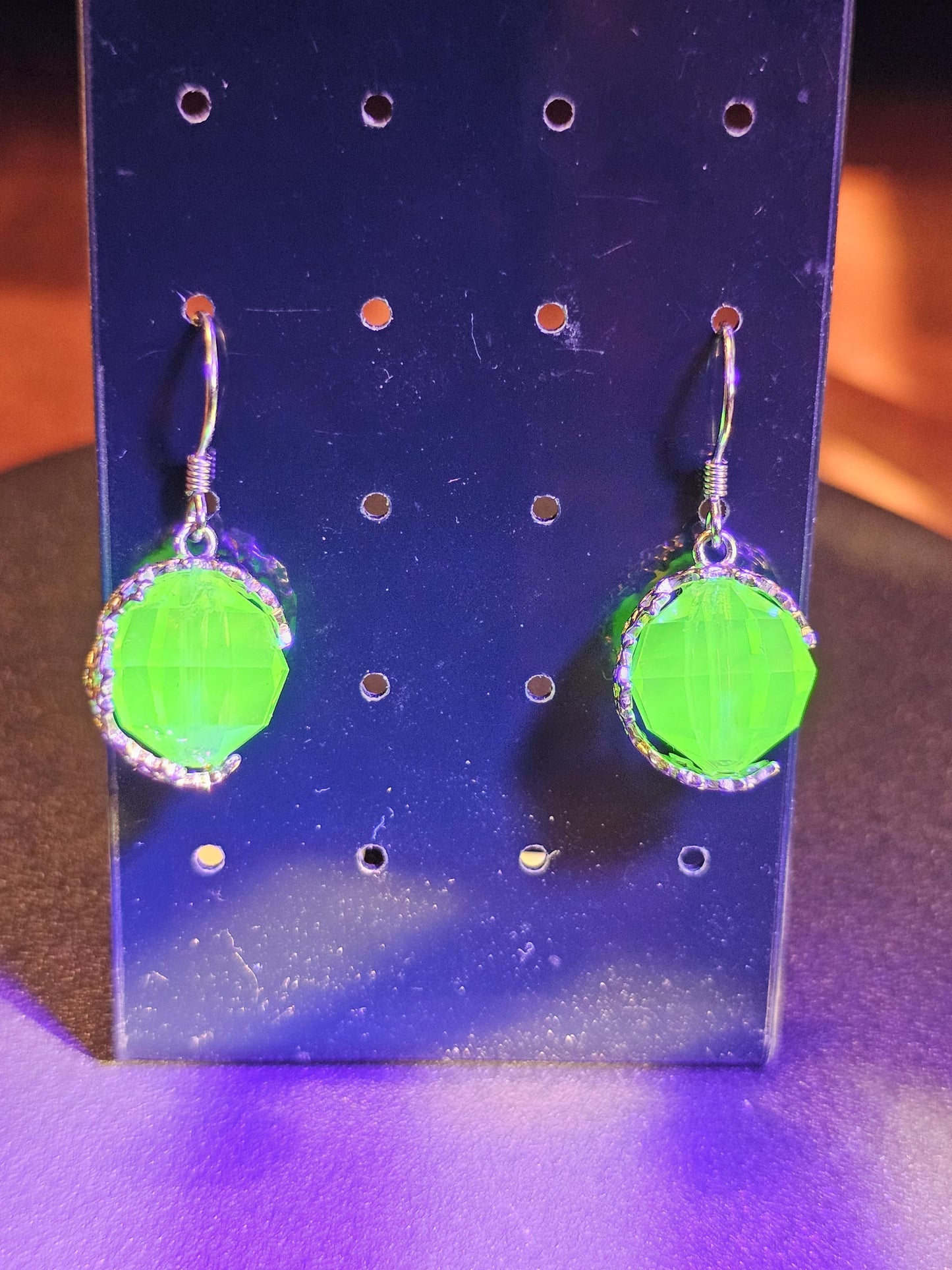 Uranium Glass Earrings with large vintage 12mm round cut Uranium Glass beads in new Sterling Silver that glow under black / UV light