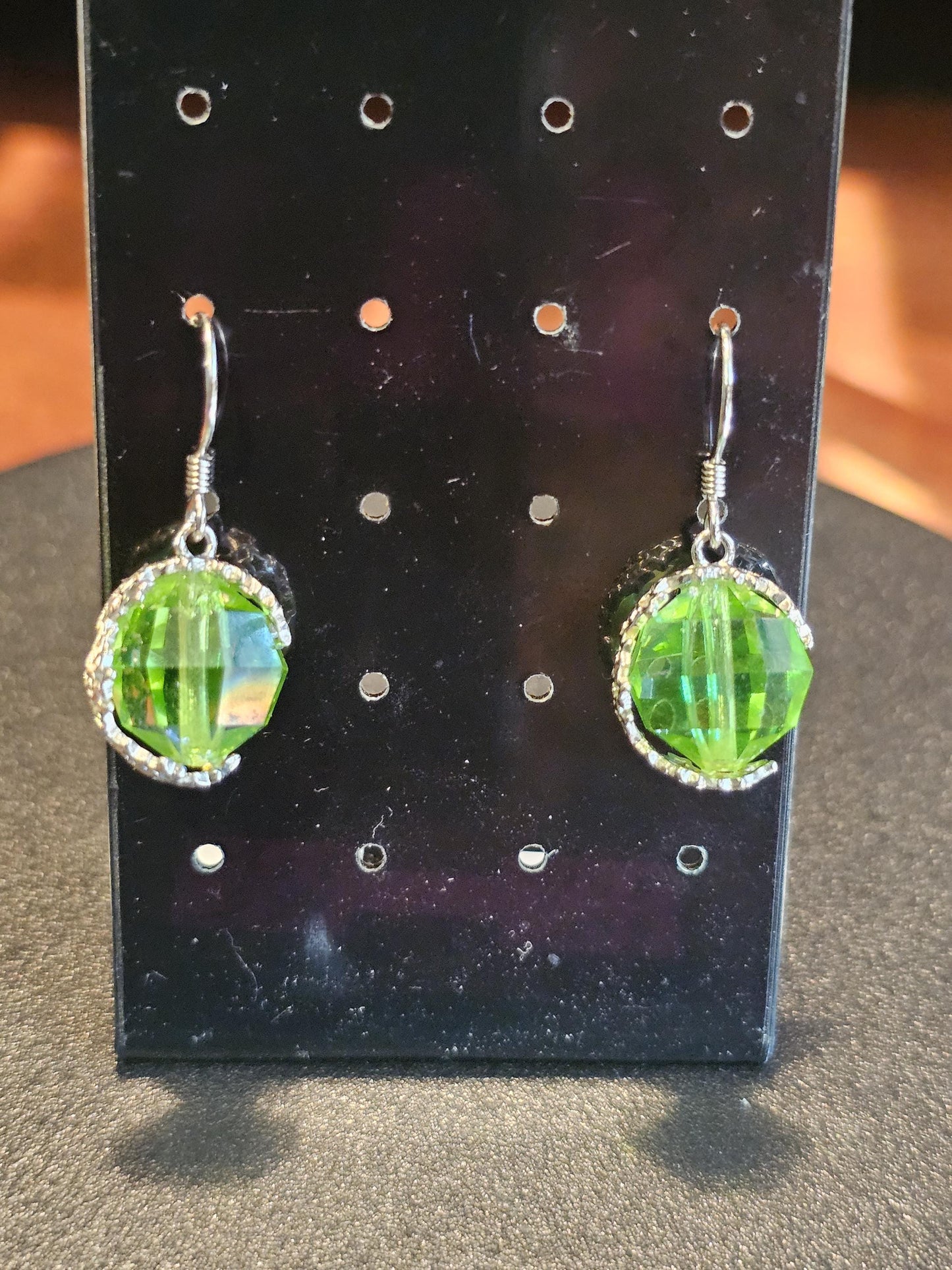 Uranium Glass Earrings with large vintage 12mm round cut Uranium Glass beads in new Sterling Silver that glow under black / UV light