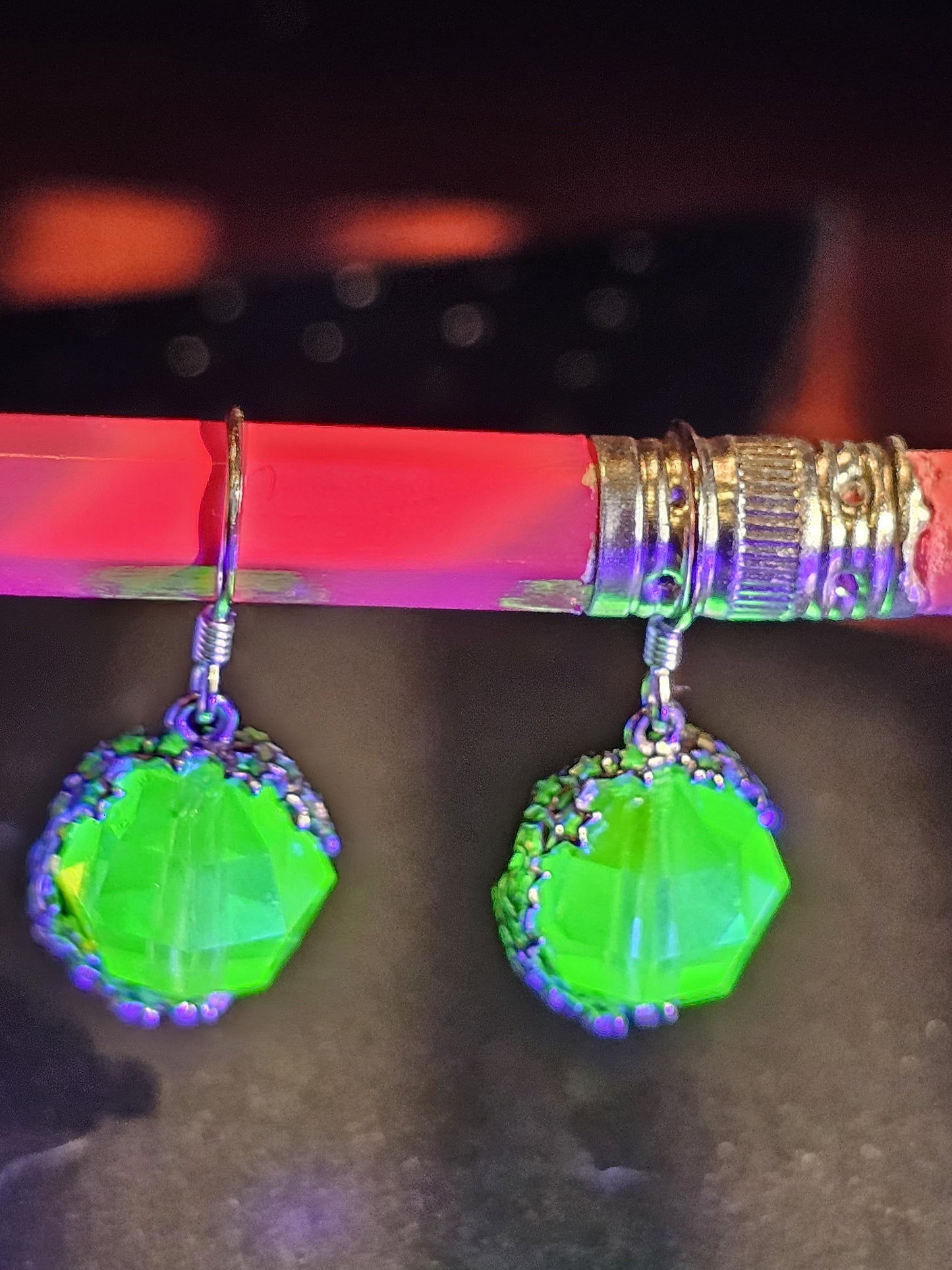 Uranium Glass Earrings with large vintage 12mm round cut Uranium Glass beads in new Sterling Silver that glow under black / UV light