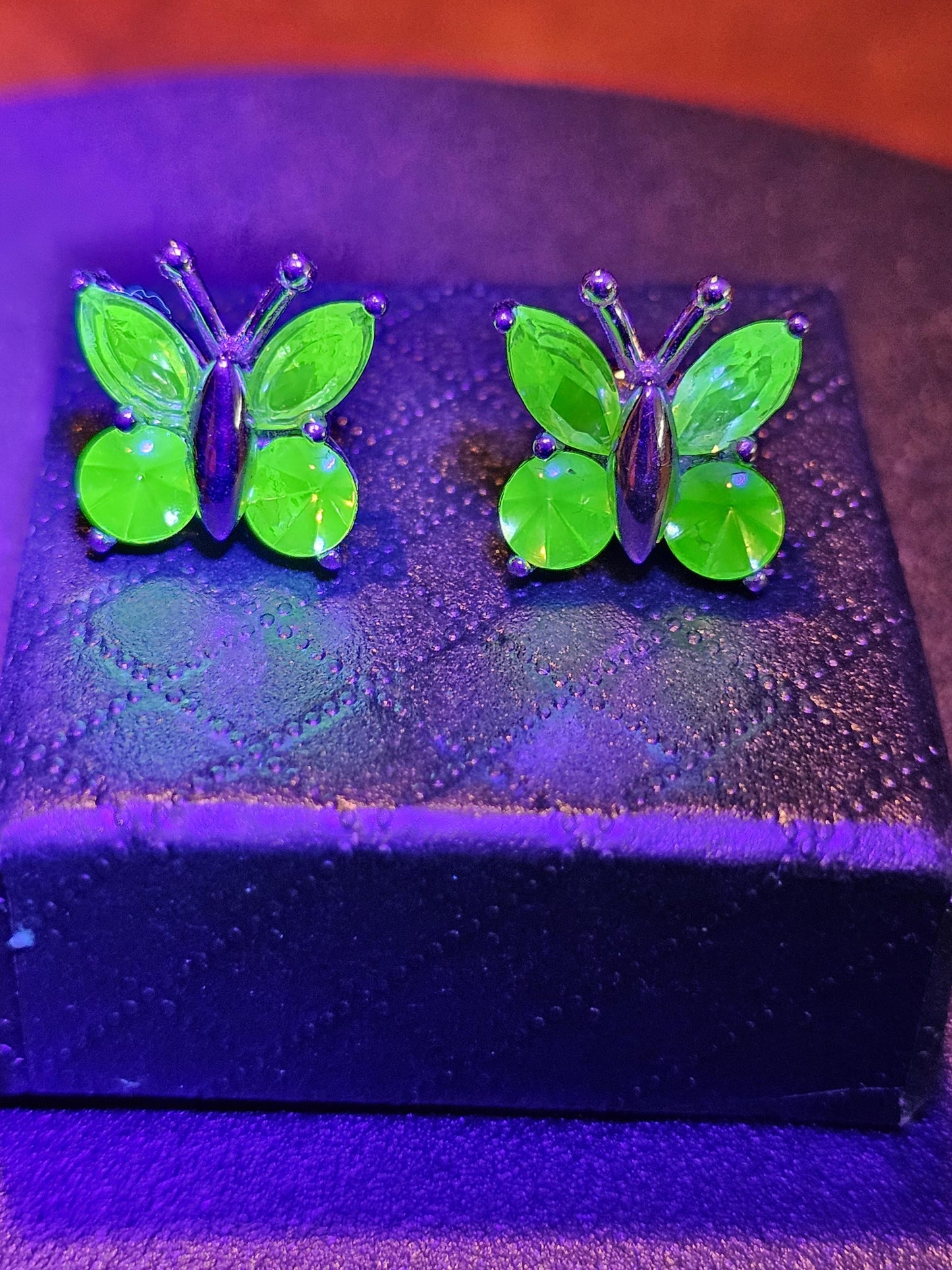 Uranium Glass Earrings in new Sterling Silver butterfly design with Vintage Uranium Glass stones, glows under black/UV light
