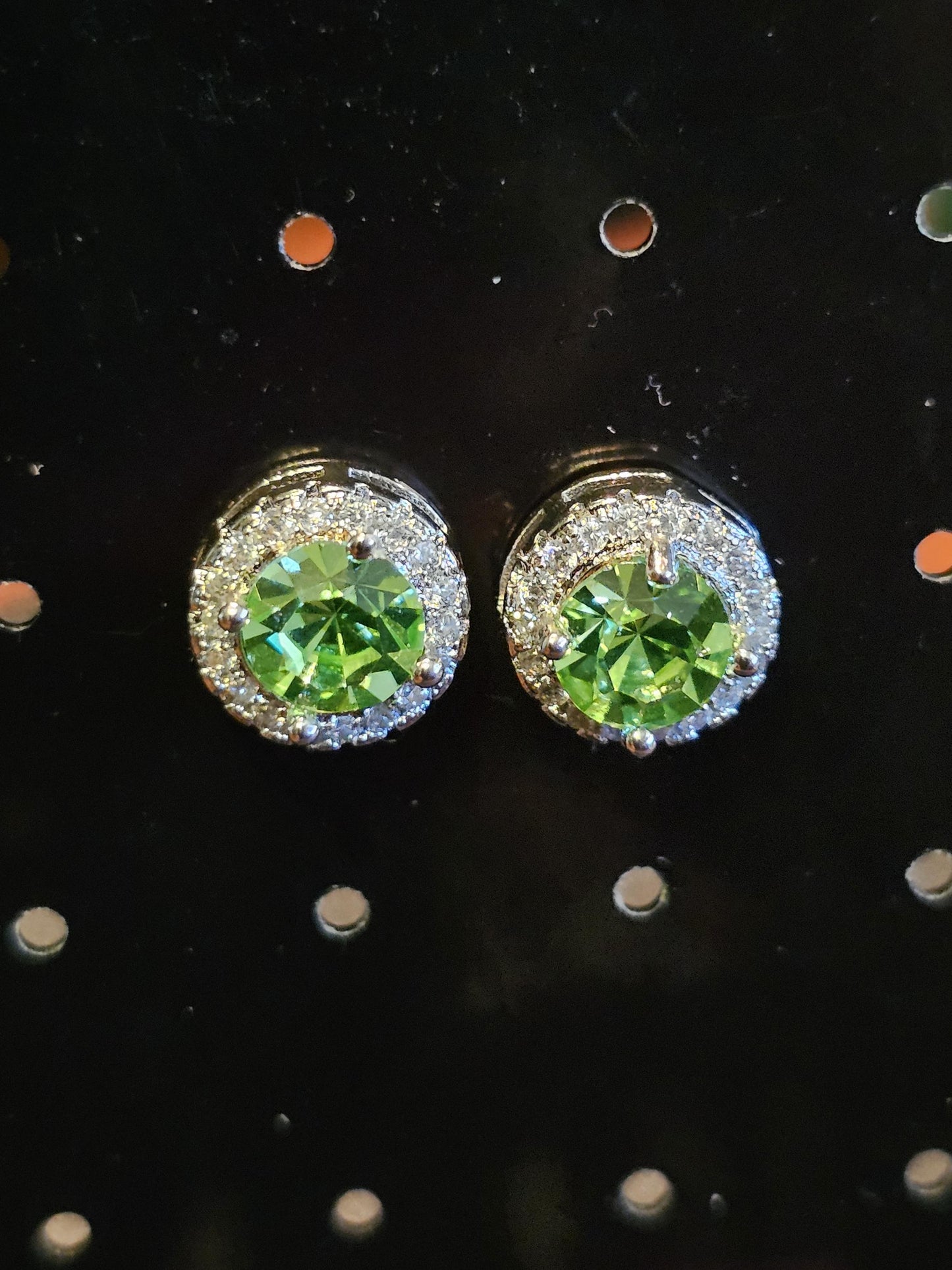 Uranium Glass Jewelry gift set Sterling Silver Halo ring, earrings, and necklace vintage Round cut Uranium glass glows under black /UV light