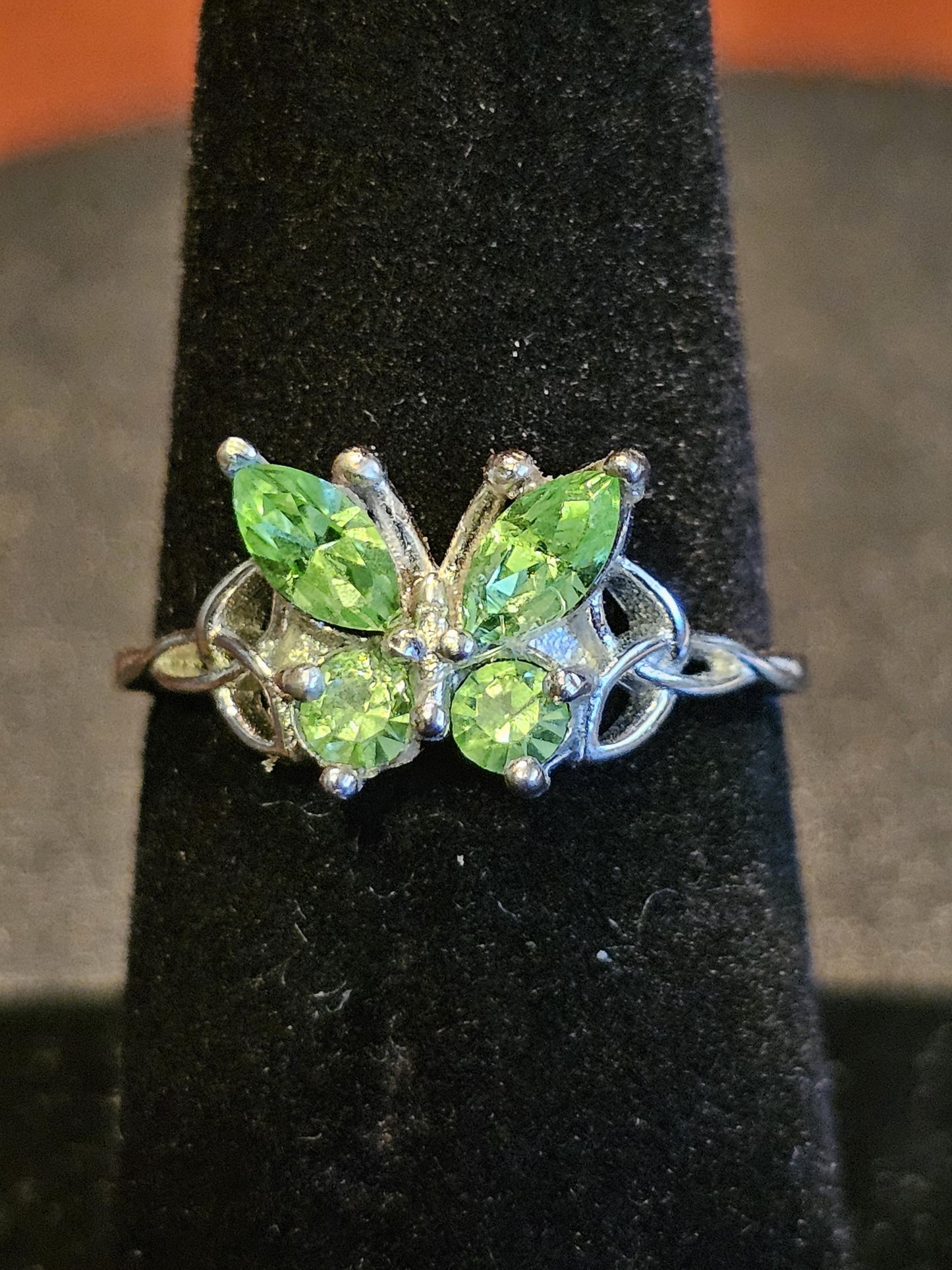 Uranium Glass Butterfly Ring in size 7 in new Sterling Silver with vintage Uranium glass stones that glows under black / UV light