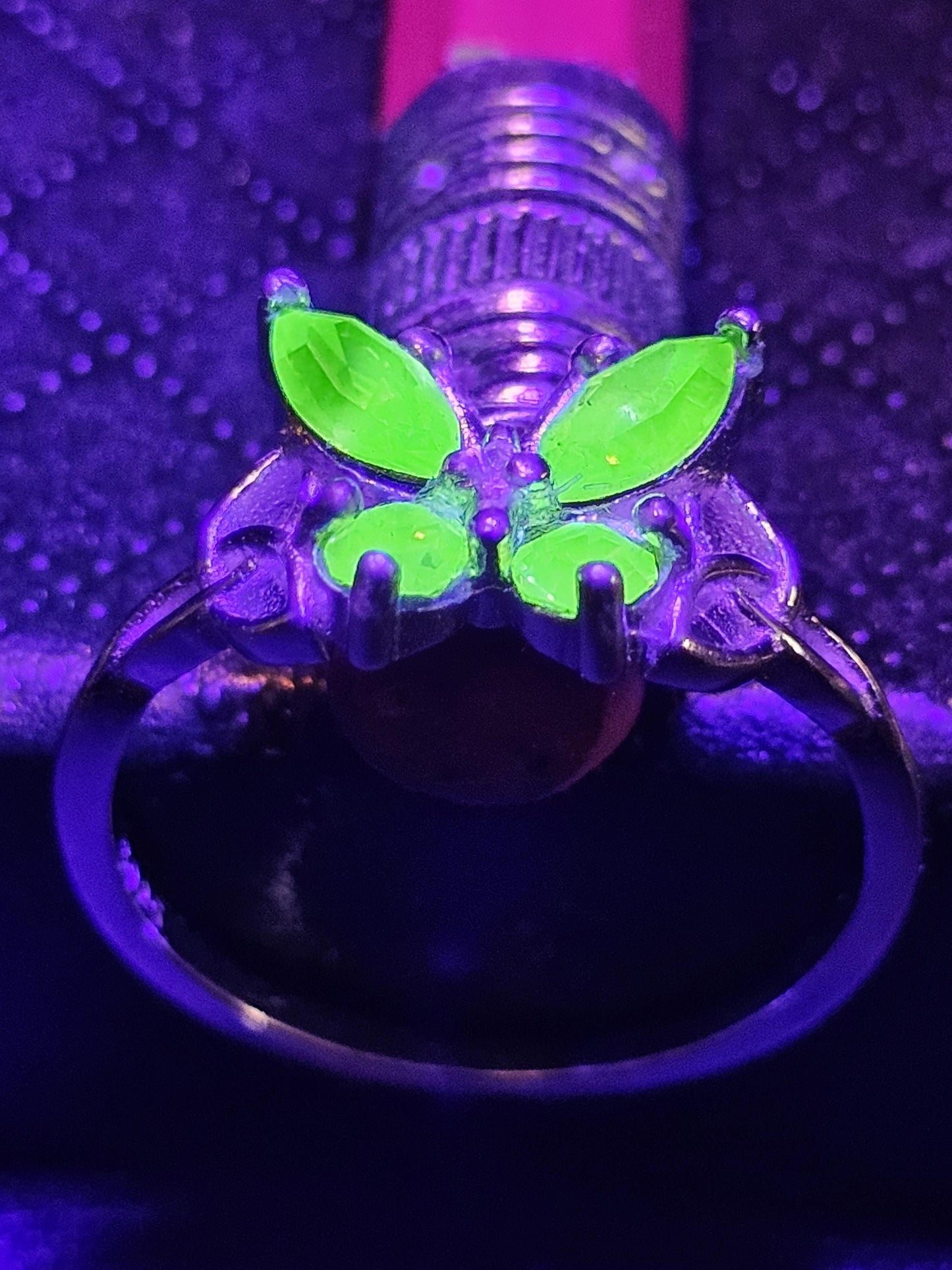 Uranium Glass Butterfly Ring in size 7 in new Sterling Silver with vintage Uranium glass stones that glows under black / UV light