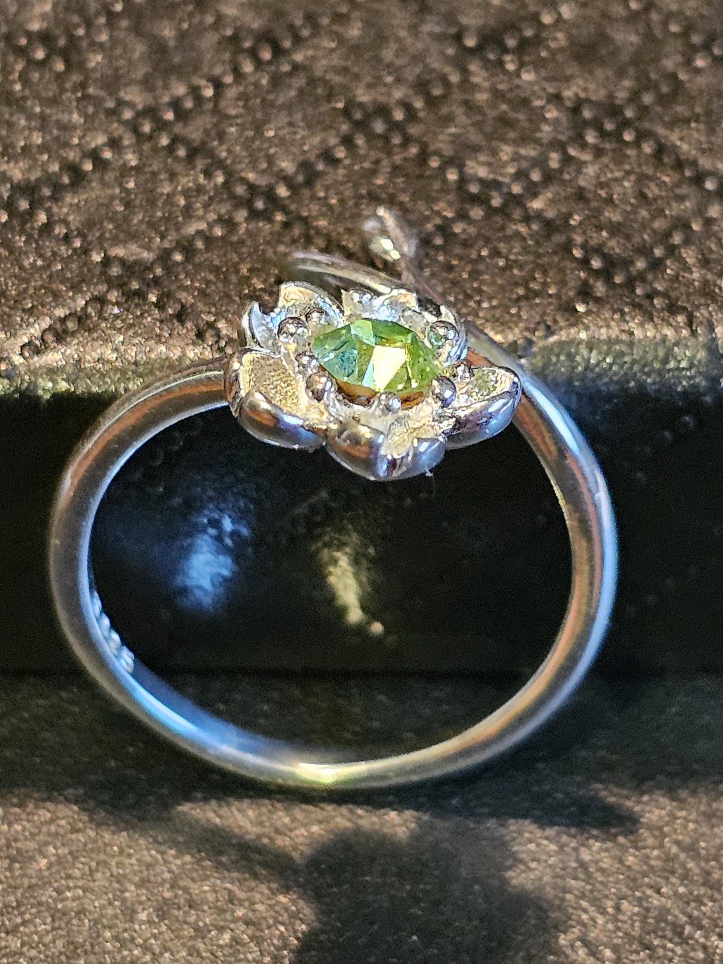 Uranium Glass Adjustable Flower Ring new Sterling Silver with vintage 4.5 mm Uranium glass round cut stones that glow under black / UV light