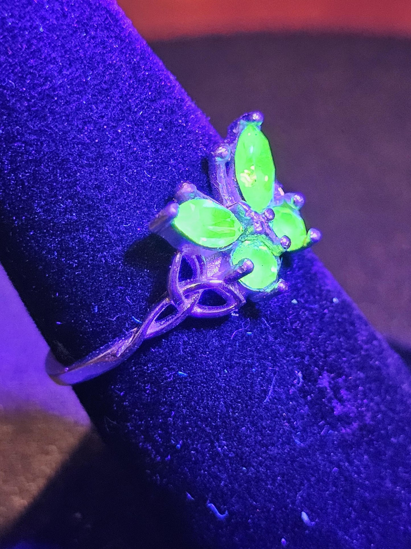 Uranium Glass Butterfly Ring in size 7 in new Sterling Silver with vintage Uranium glass stones that glows under black / UV light