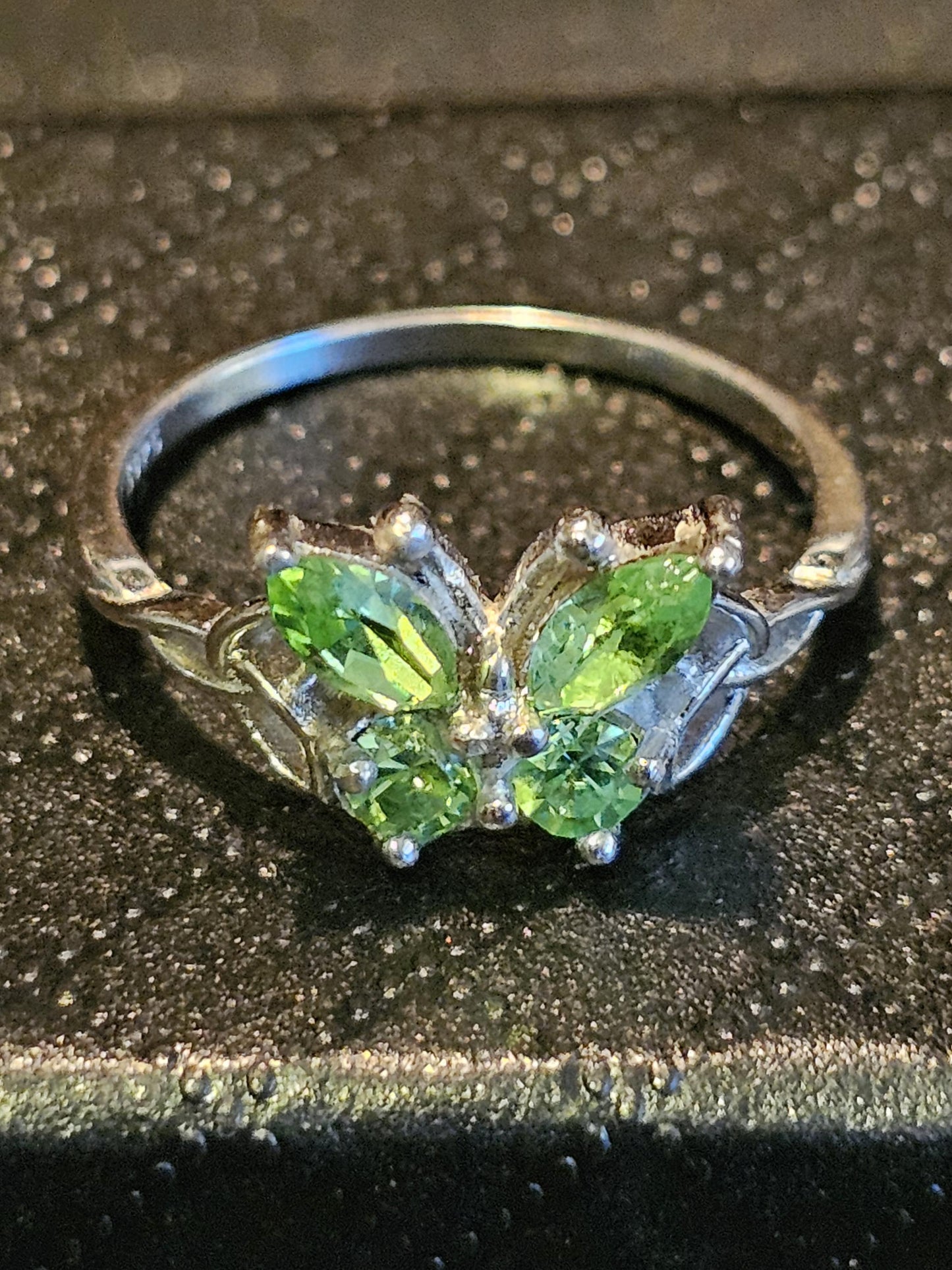 Uranium Glass Butterfly Ring in size 7 in new Sterling Silver with vintage Uranium glass stones that glows under black / UV light