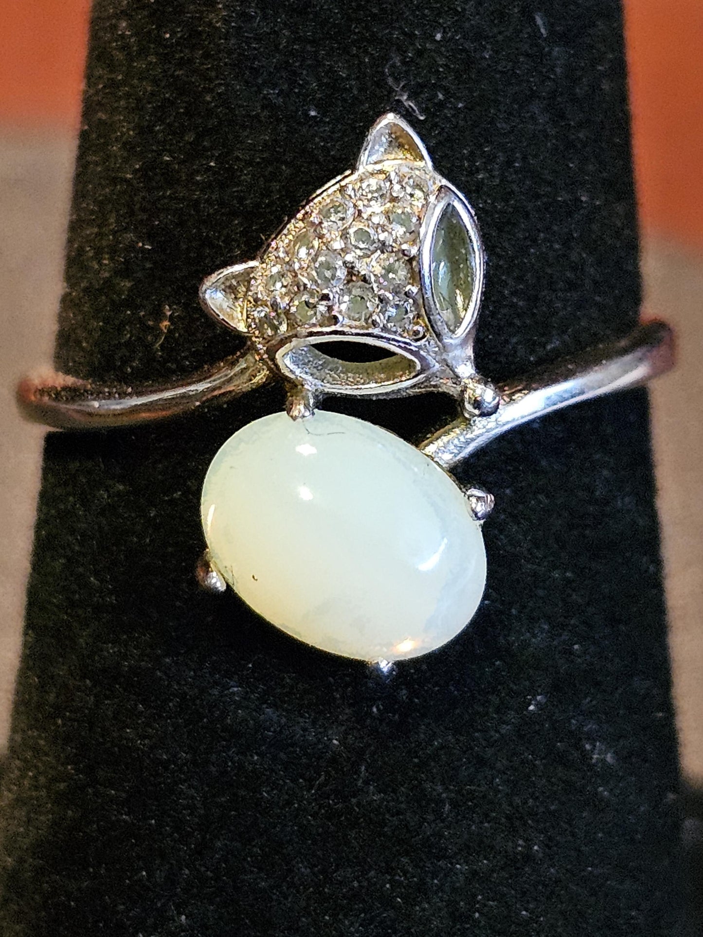 Uranium Glass Fox Ring Adjustable size in new Sterling Silver with a vintage Oval cut Uranium glass stone that glows under black / UV light