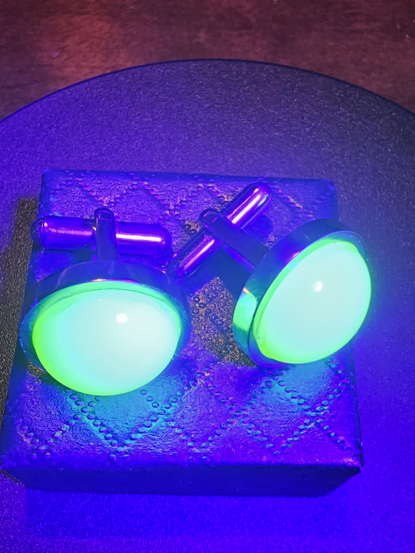 Uranium Glass Cufflinks Titanium 15 mm Round cut Round top Cabochons that are vintage Uranium Glass stones that glow under black / UV light
