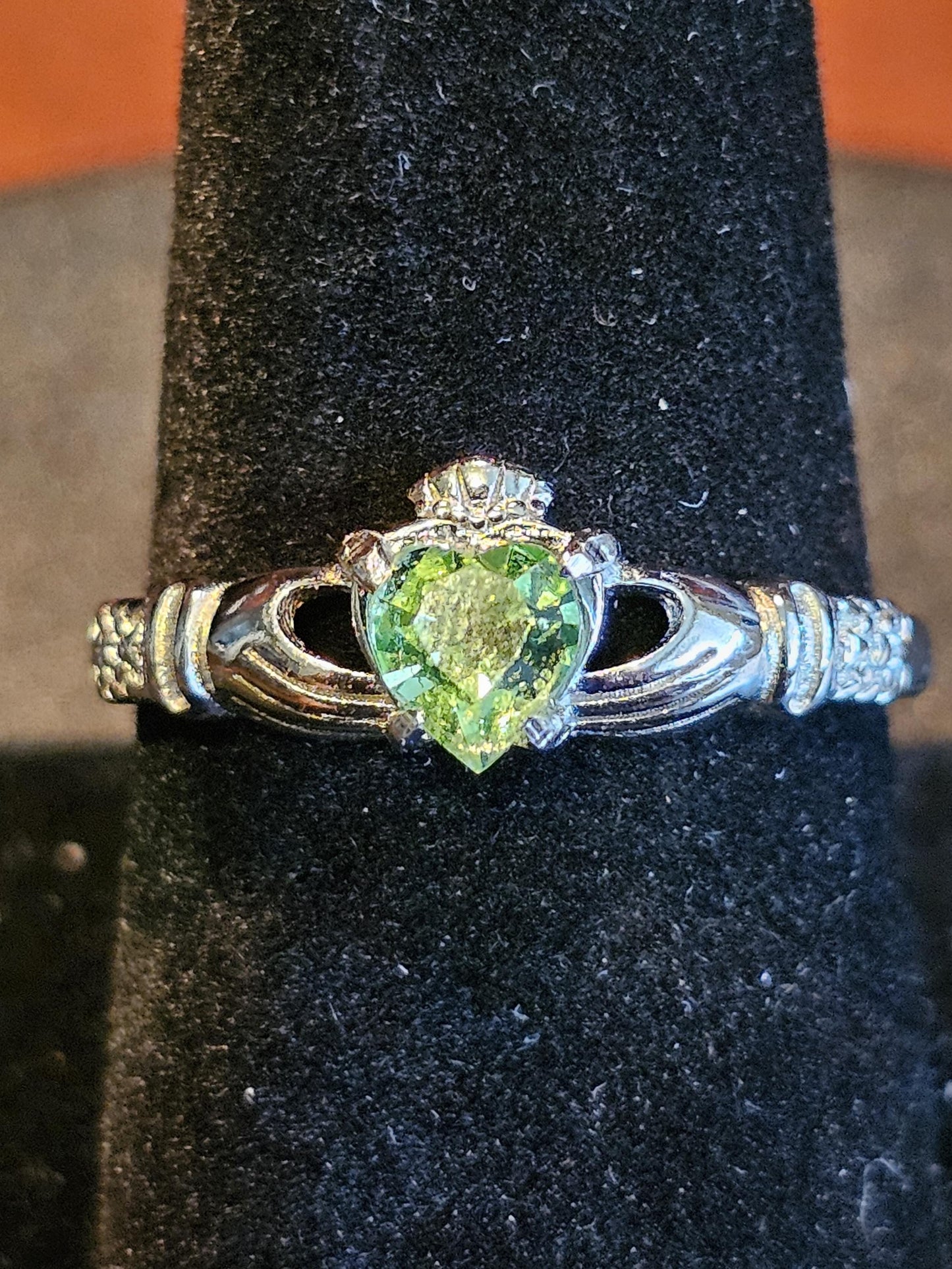 Uranium Glass Heart cut Claddagh Ring size 6 to 10 new Sterling Silver with a vintage Uranium glass stone that glows under black/UV light