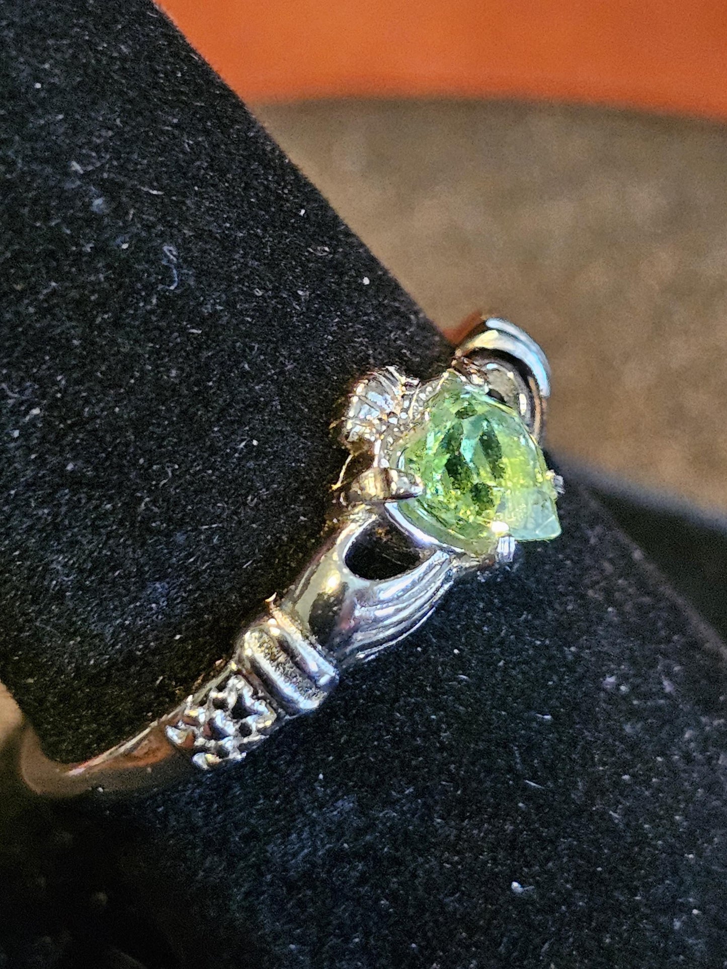 Uranium Glass Heart cut Claddagh Ring size 6 to 10 new Sterling Silver with a vintage Uranium glass stone that glows under black/UV light