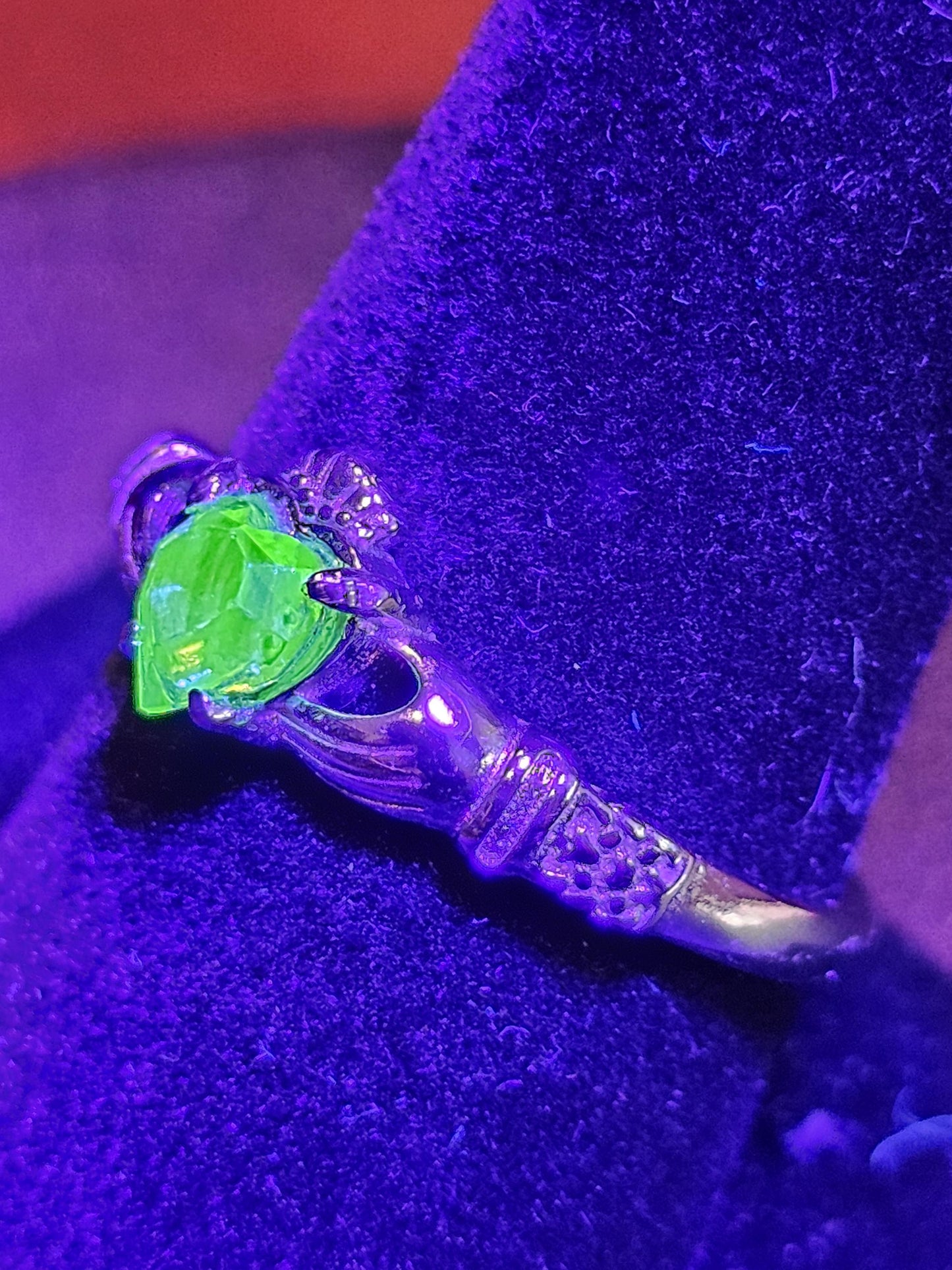 Uranium Glass Heart cut Claddagh Ring size 6 to 10 new Sterling Silver with a vintage Uranium glass stone that glows under black/UV light