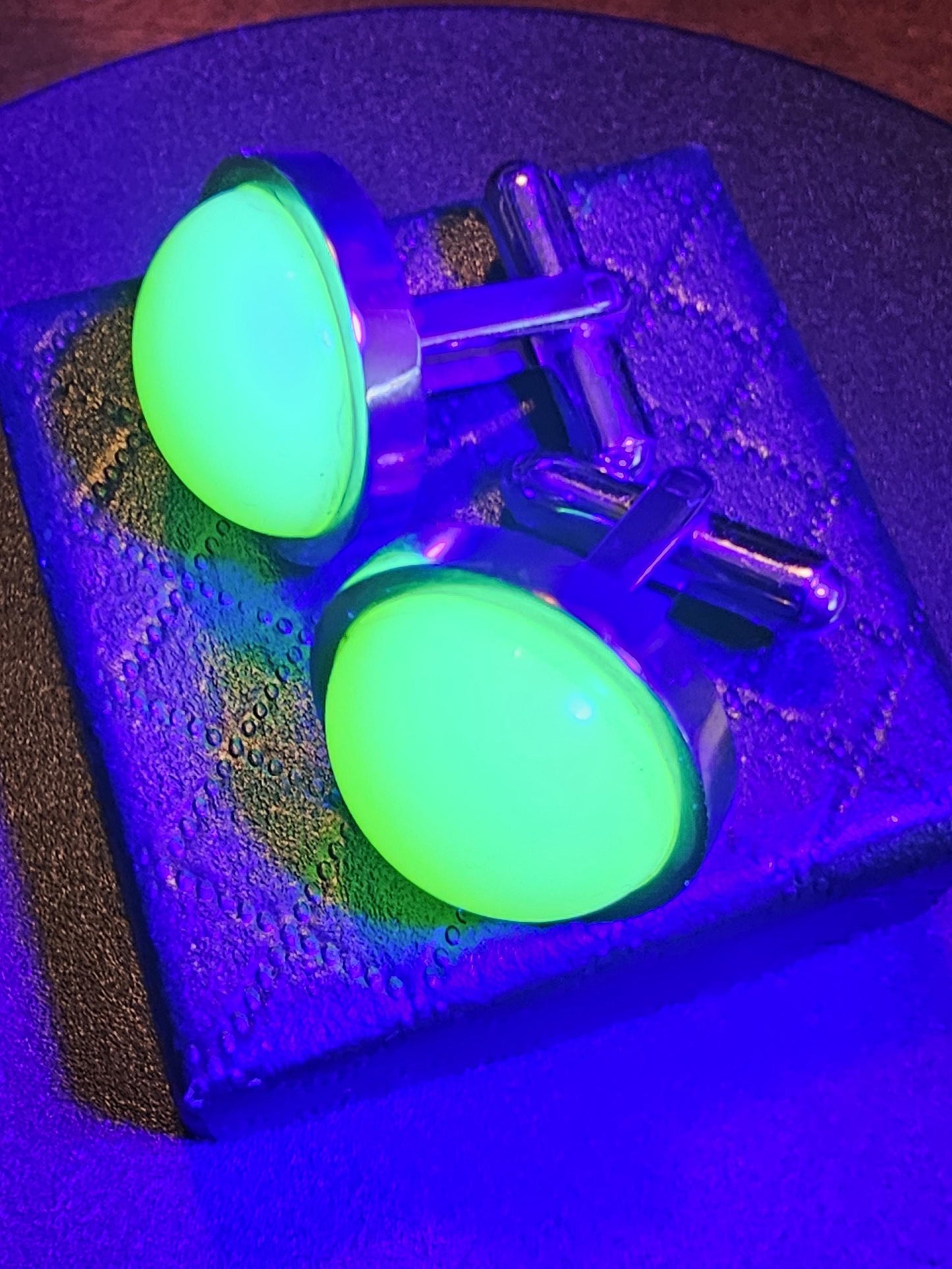 Uranium Glass Cufflinks Titanium 15 mm Round cut Round top Cabochons that are vintage Uranium Glass stones that glow under black / UV light