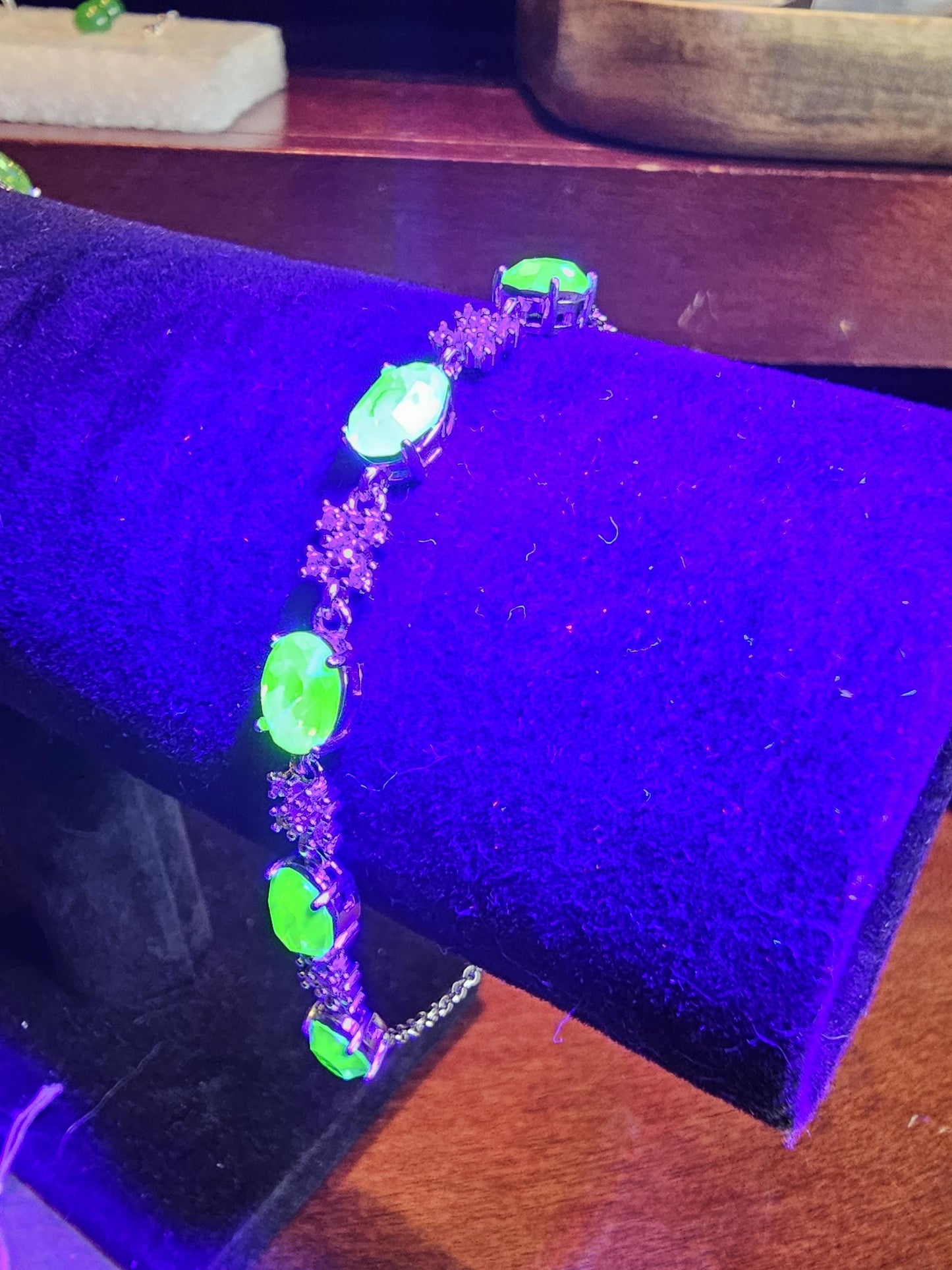 Uranium Glass Bracelet new Sterling Silver with five vintage 8x6 mm Uranium glass Oval cut stones that glows under black / UV light