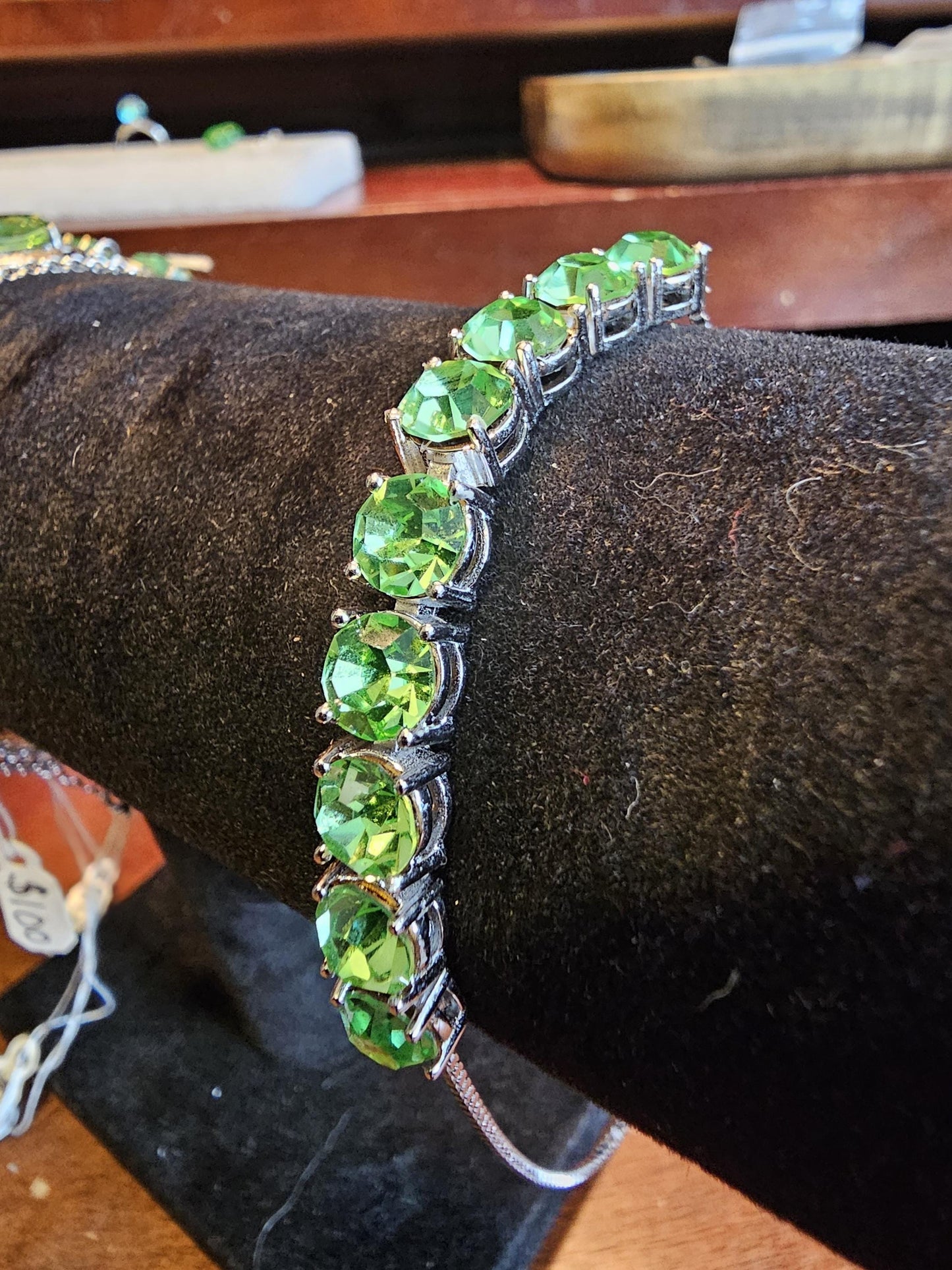 Uranium Glass Bracelet new Sterling Silver with 9 vintage Uranium glass Round cut stones in 6 mm that glow under black / UV light.