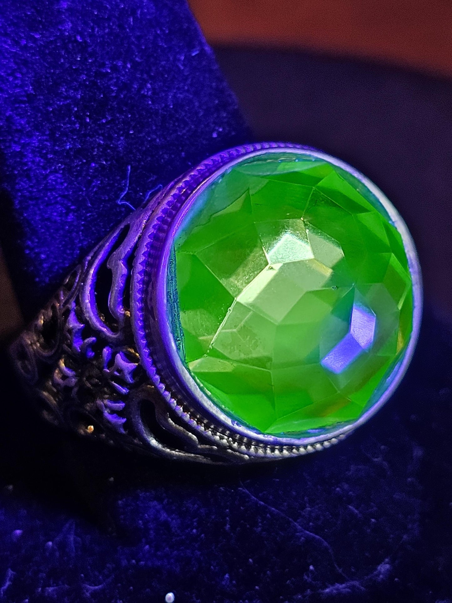 Uranium Glass Men's Ring Adjustable with a large 18 mm vintage Uranium glass multifaceted Round cut stone that glows under black / UV light