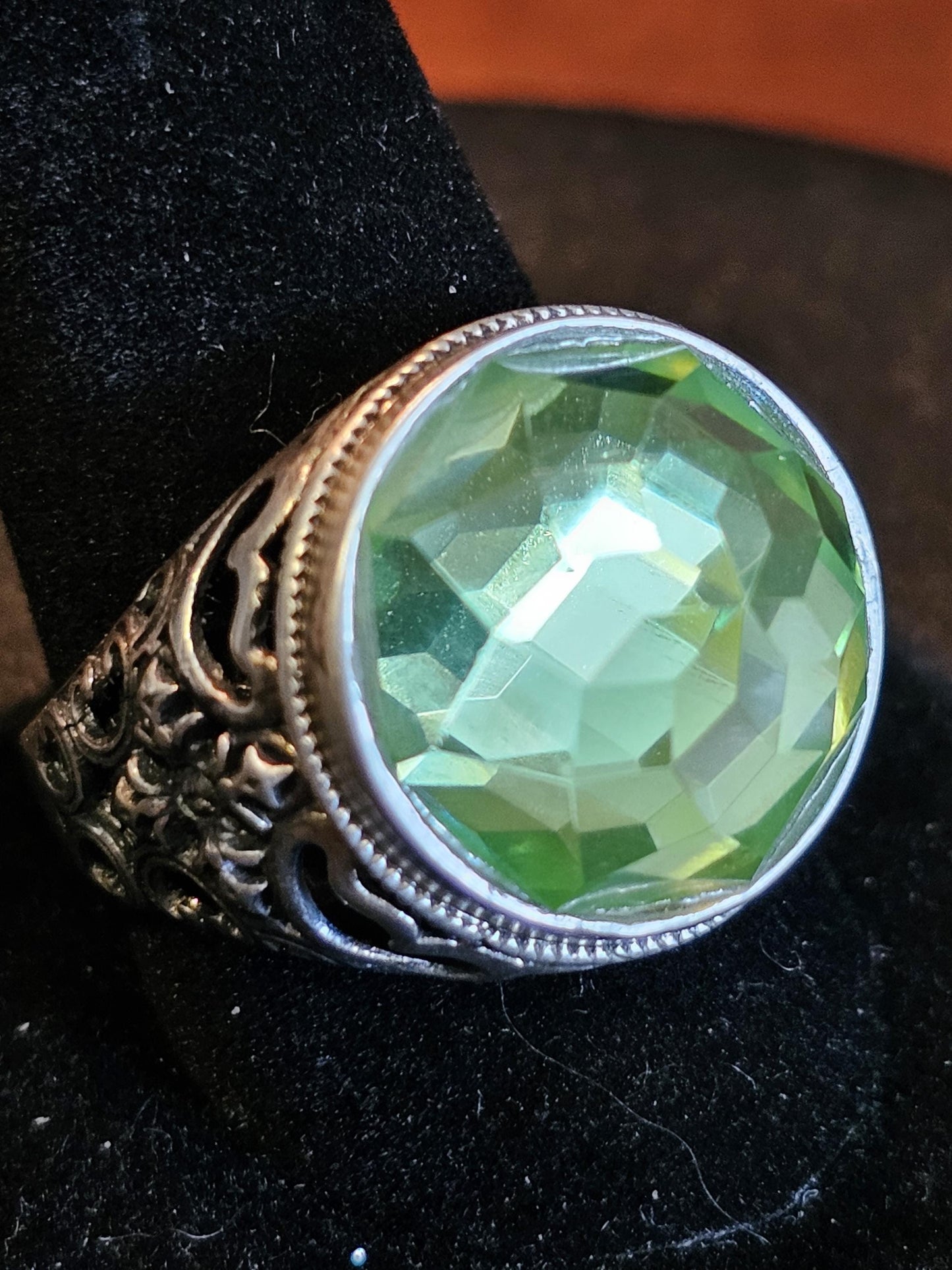 Uranium Glass Men's Ring Adjustable with a large 18 mm vintage Uranium glass multifaceted Round cut stone that glows under black / UV light