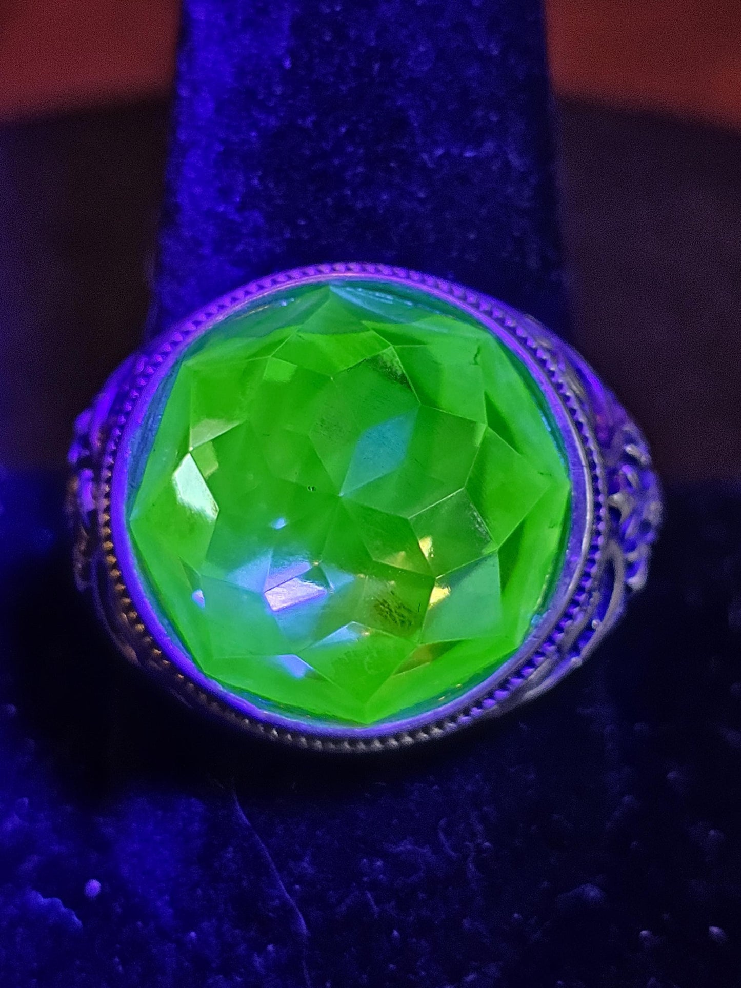 Uranium Glass Men's Ring Adjustable with a large 18 mm vintage Uranium glass multifaceted Round cut stone that glows under black / UV light
