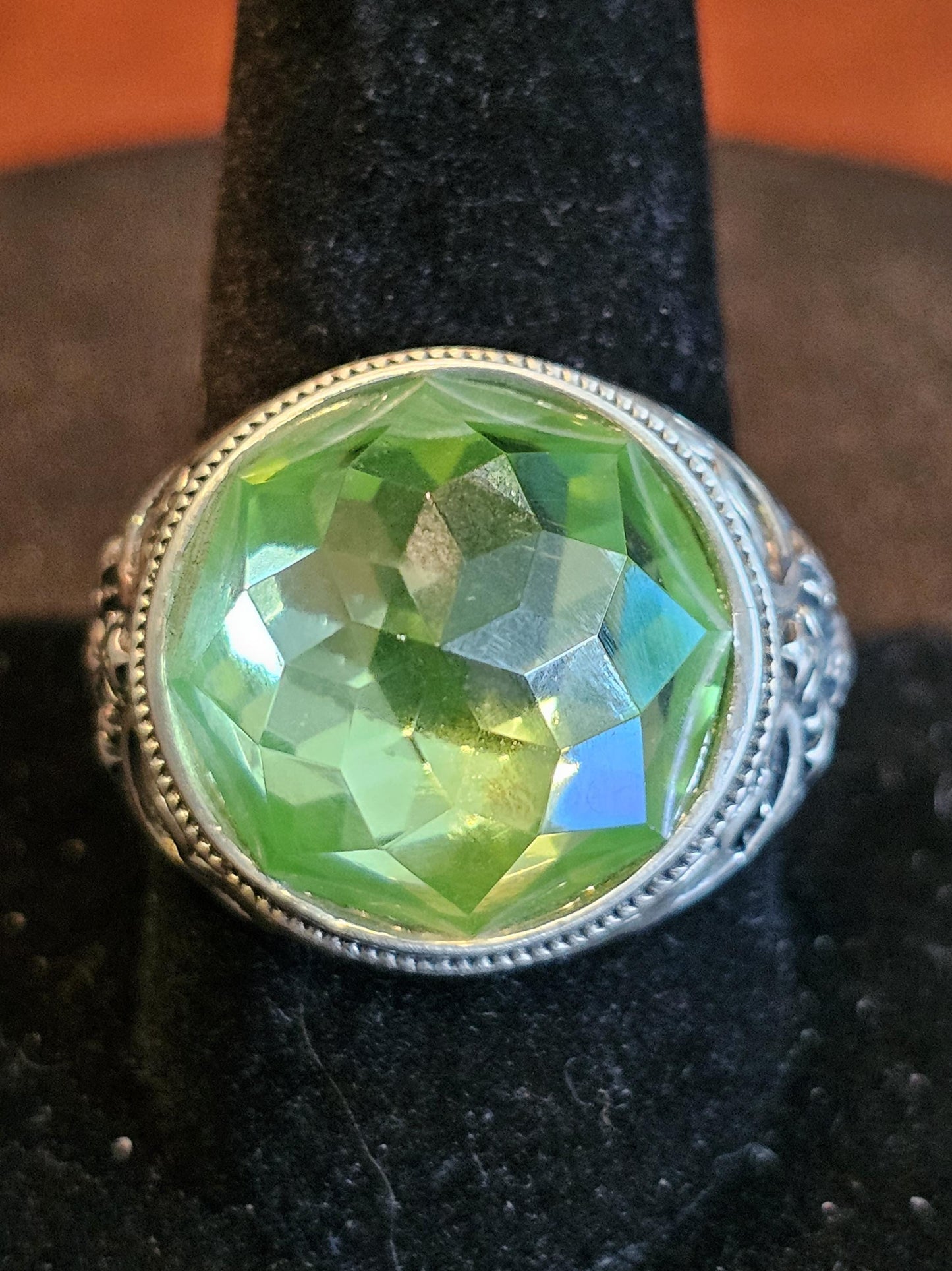 Uranium Glass Men's Ring Adjustable with a large 18 mm vintage Uranium glass multifaceted Round cut stone that glows under black / UV light