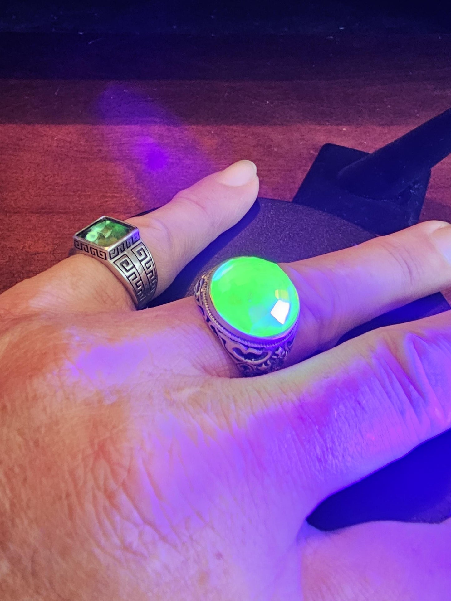 Uranium Glass Men's Ring Adjustable with a large 18 mm vintage Uranium glass multifaceted Round cut stone that glows under black / UV light