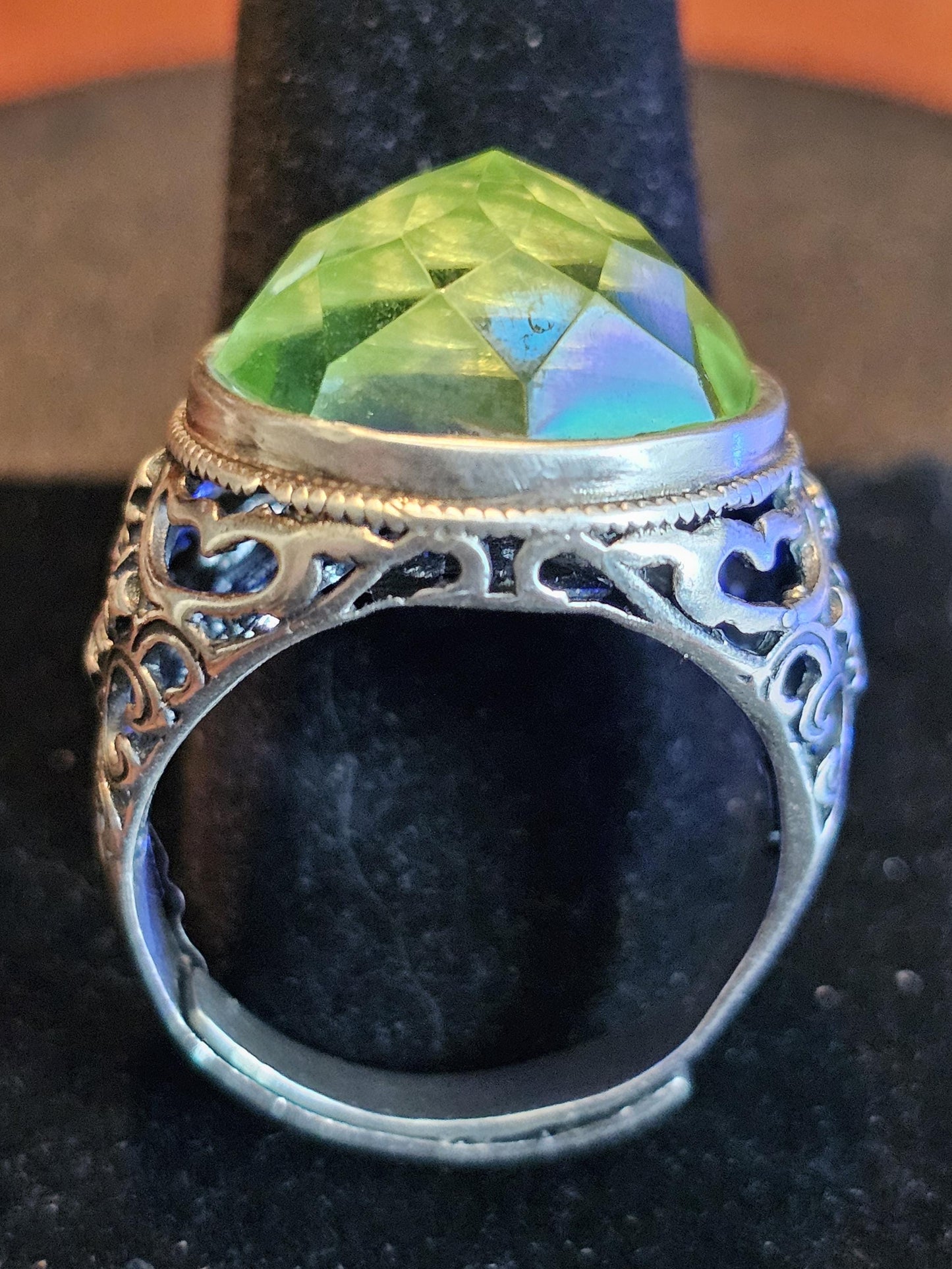 Uranium Glass Men's Ring Adjustable with a large 18 mm vintage Uranium glass multifaceted Round cut stone that glows under black / UV light