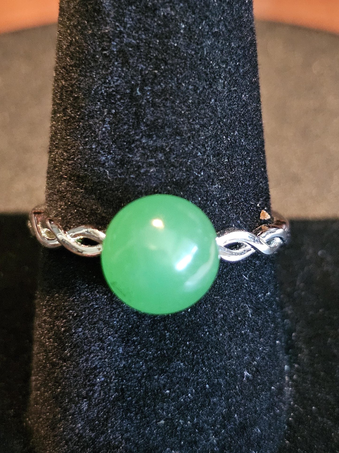 Uranium Glass Adjustable Ring with a vintage rare dark Green Round top Uranium glass stone new Sterling Silver that glows under black light
