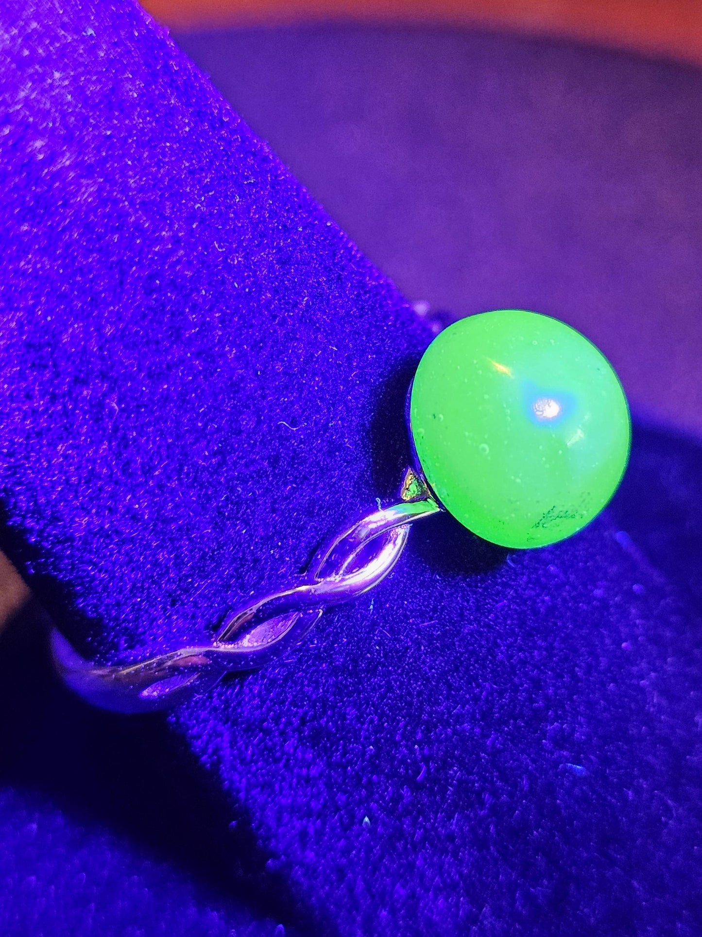 Uranium Glass Adjustable Ring with a vintage rare dark Green Round top Uranium glass stone new Sterling Silver that glows under black light