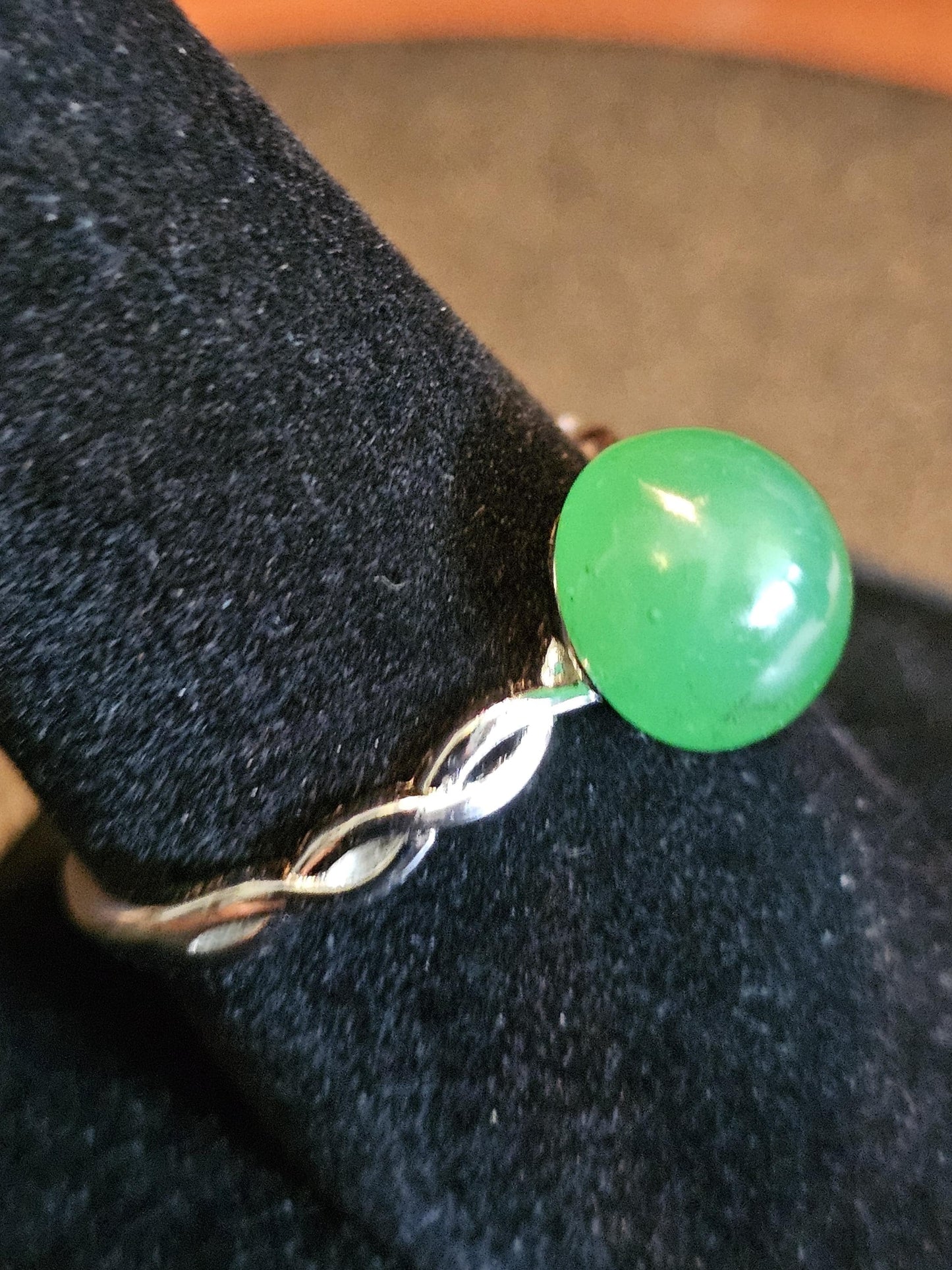 Uranium Glass Adjustable Ring with a vintage rare dark Green Round top Uranium glass stone new Sterling Silver that glows under black light