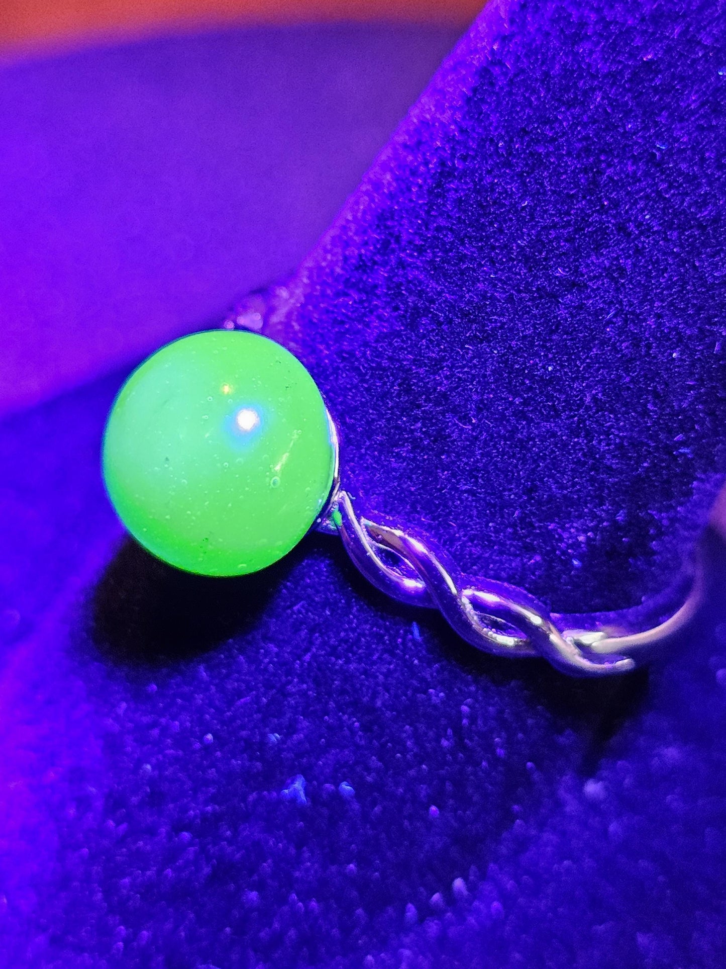 Uranium Glass Adjustable Ring with a vintage rare dark Green Round top Uranium glass stone new Sterling Silver that glows under black light