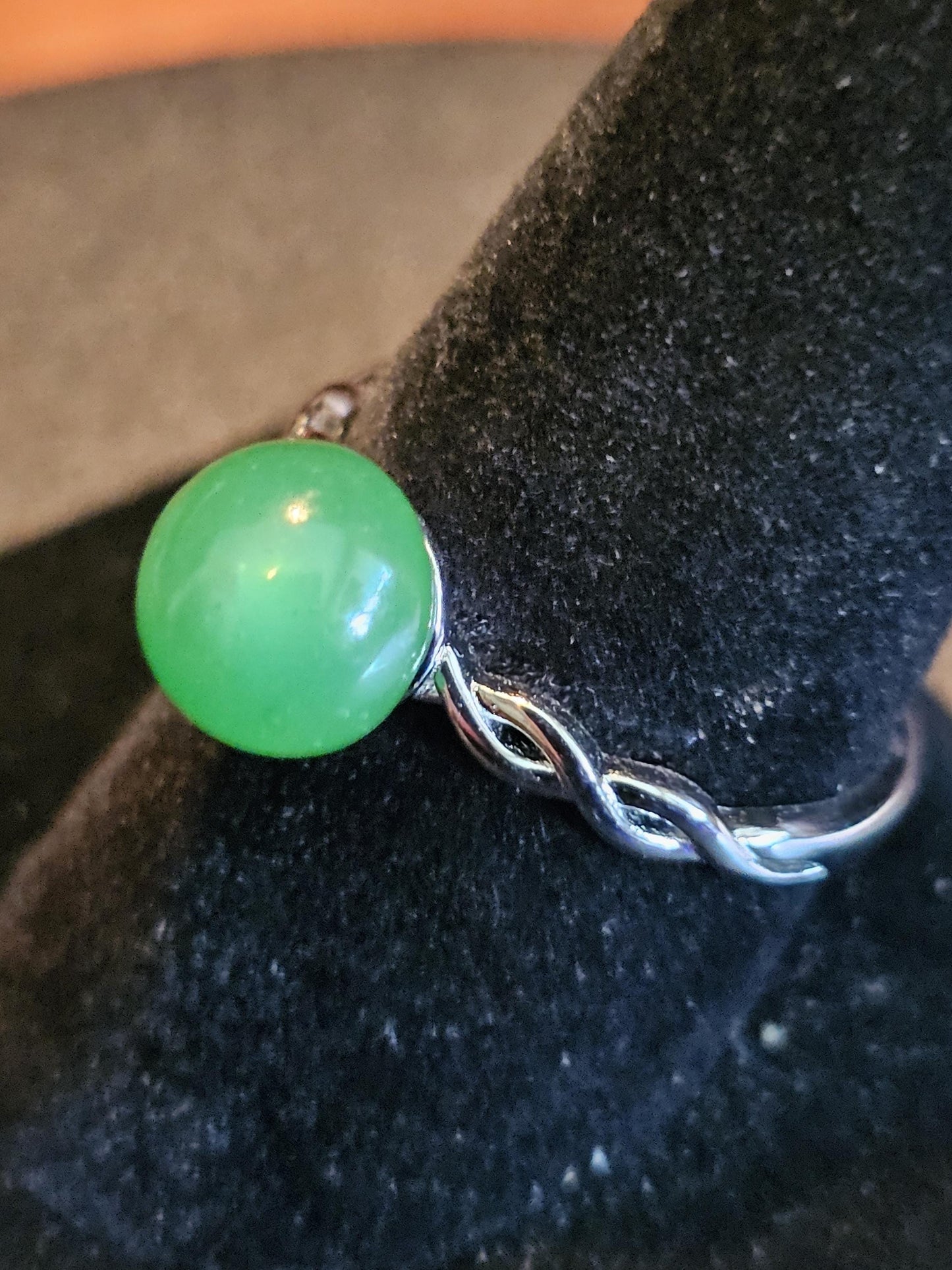 Uranium Glass Adjustable Ring with a vintage rare dark Green Round top Uranium glass stone new Sterling Silver that glows under black light