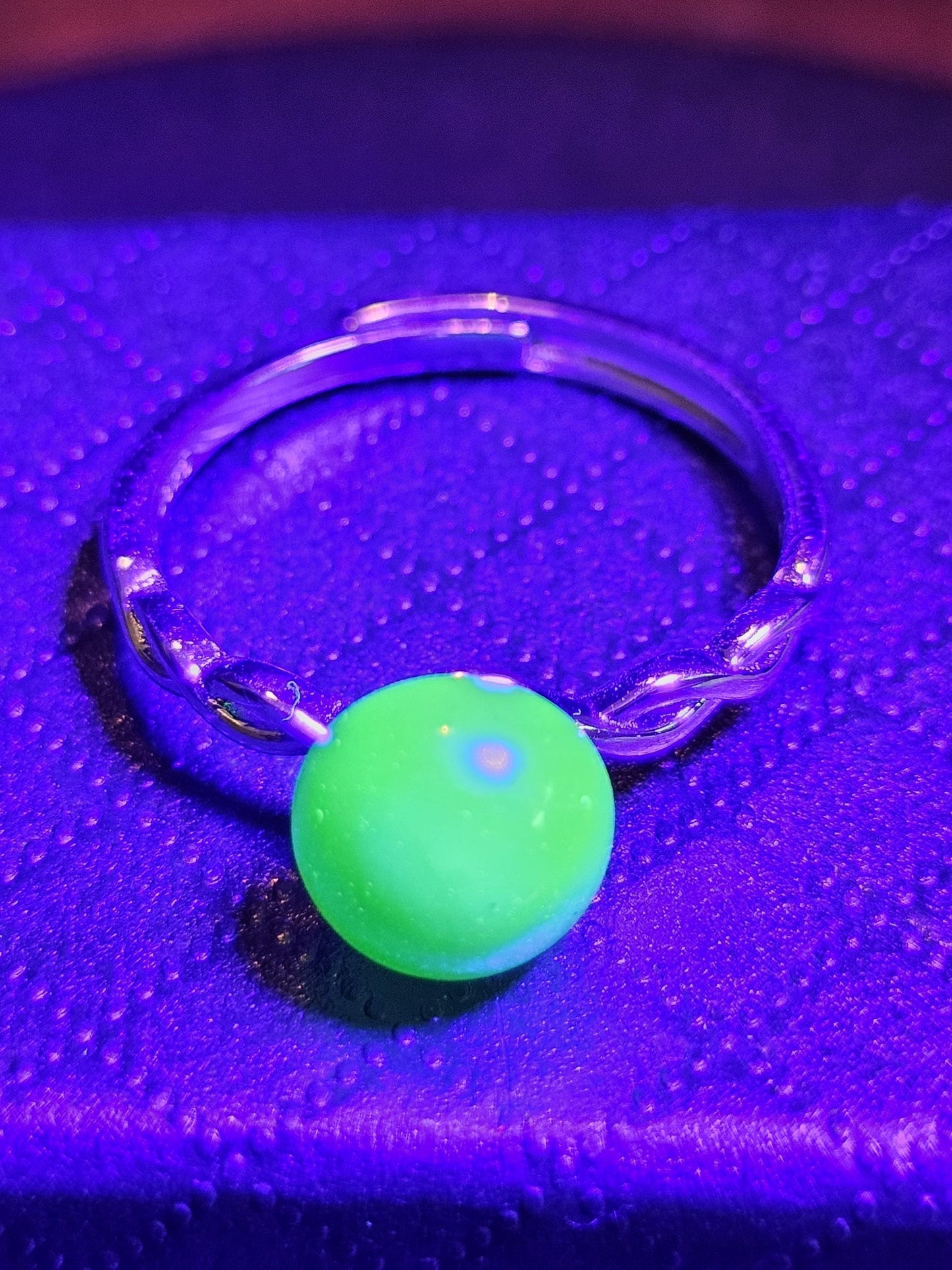 Uranium Glass Adjustable Ring with a vintage rare dark Green Round top Uranium glass stone new Sterling Silver that glows under black light