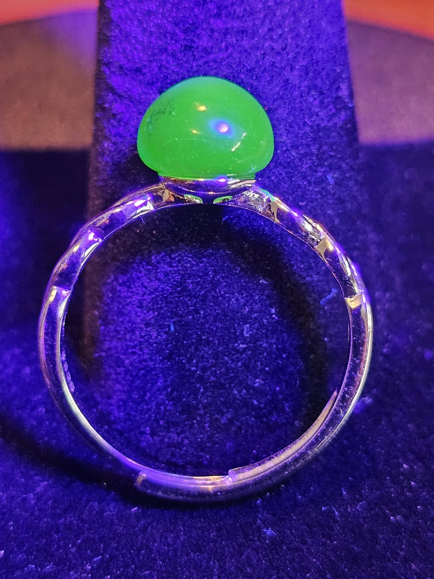 Uranium Glass Adjustable Ring with a vintage rare dark Green Round top Uranium glass stone new Sterling Silver that glows under black light