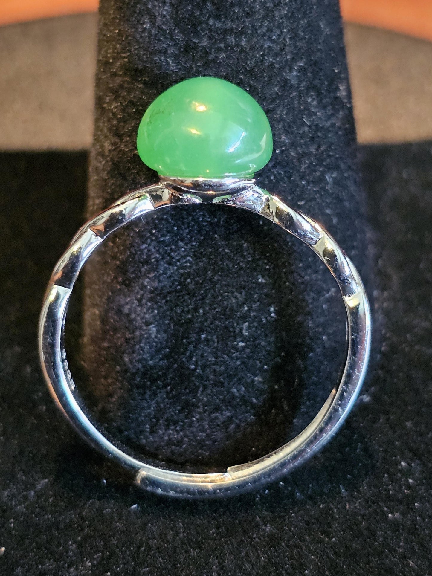 Uranium Glass Adjustable Ring with a vintage rare dark Green Round top Uranium glass stone new Sterling Silver that glows under black light