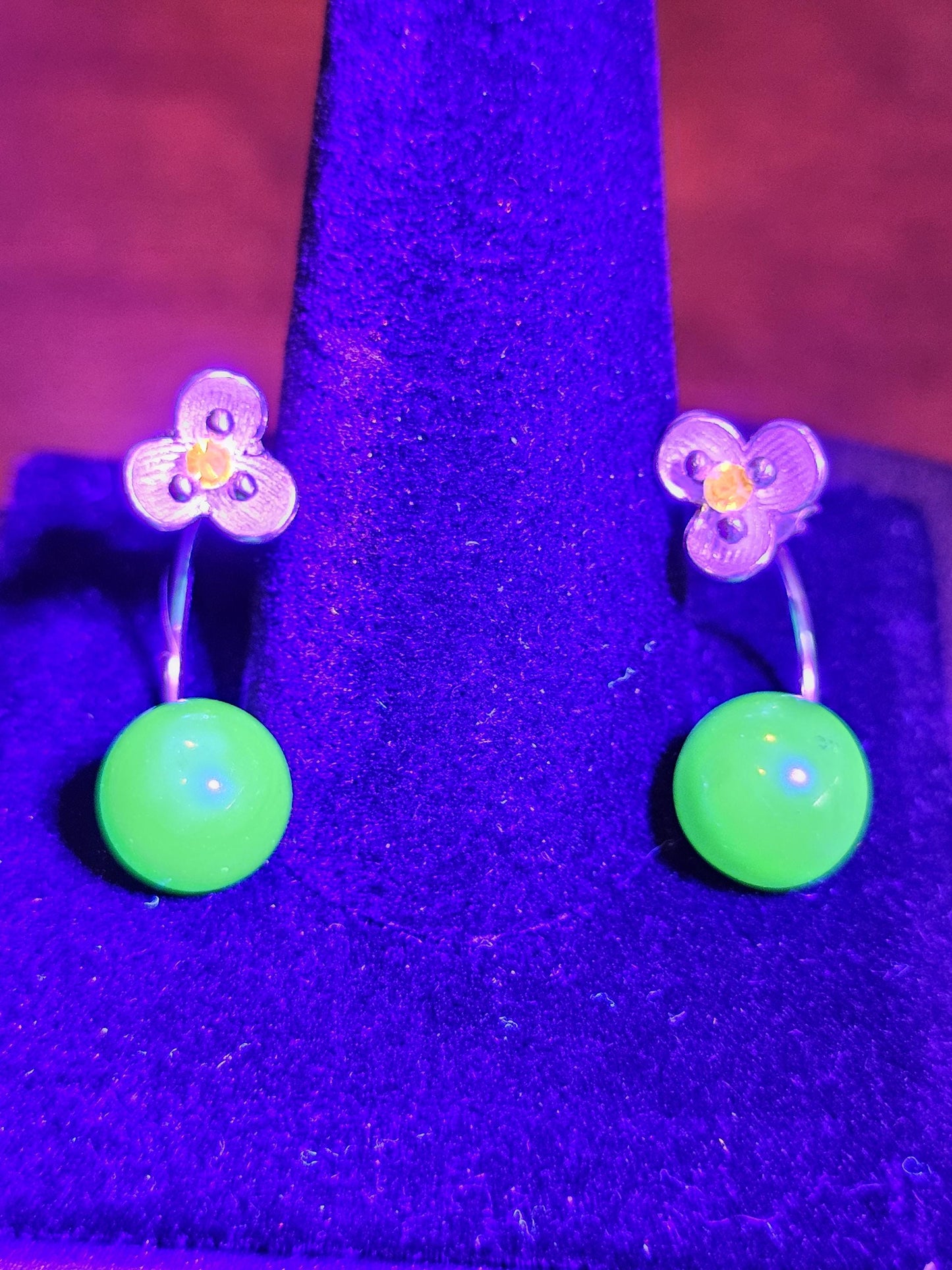 Uranium Glass Earrings with Vintage Dark Green 9 mm round cut Uranium Glass stones in new Sterling Silver that glow under black/UV light