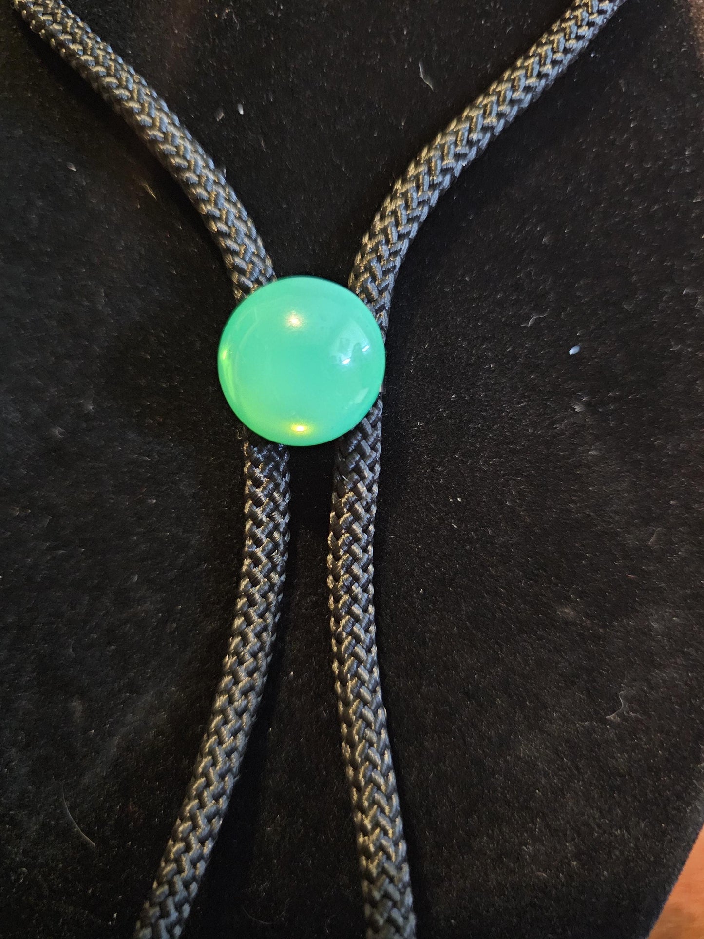 Uranium Glass Bolo Tie Opal or Green 18 mm Round cut Round top Cabochon cut vintage Uranium Glass stone that glows under black / UV light