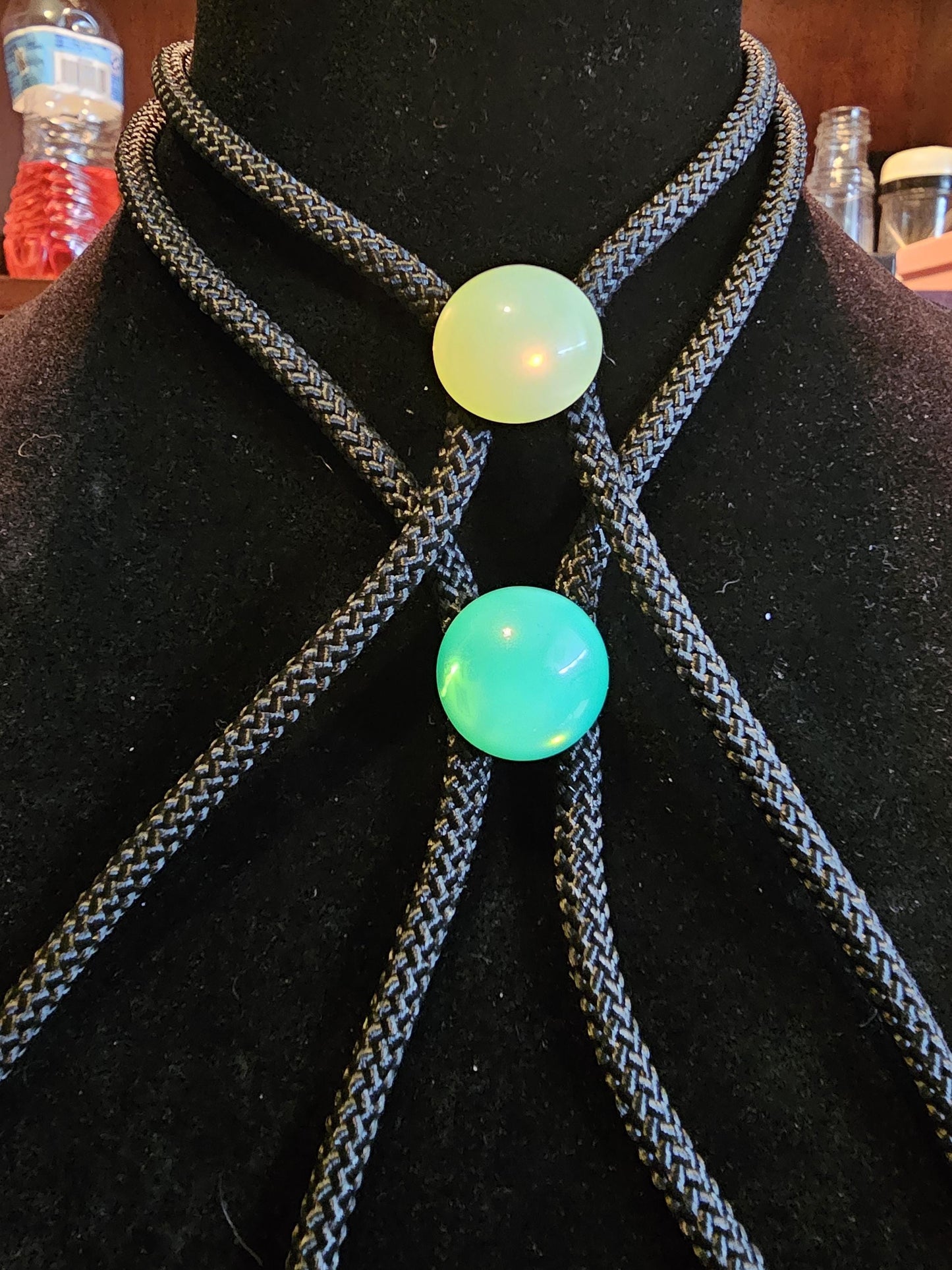 Uranium Glass Bolo Tie Opal or Green 18 mm Round cut Round top Cabochon cut vintage Uranium Glass stone that glows under black / UV light