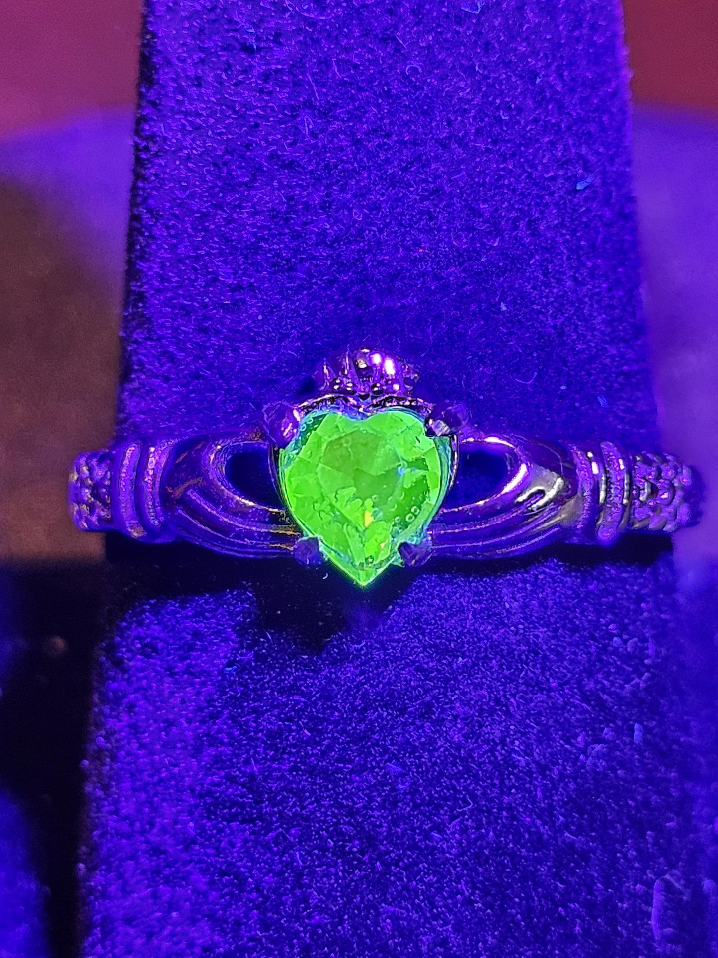 Uranium Glass Heart cut Claddagh Ring size 6 to 10 new Sterling Silver with a vintage Uranium glass stone that glows under black/UV light