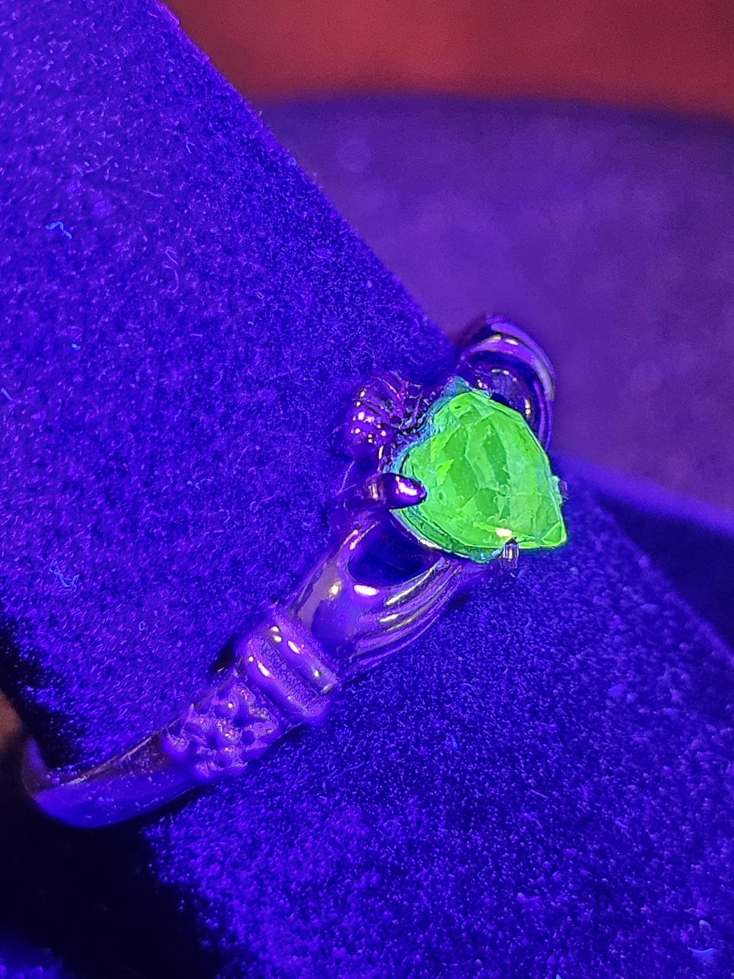 Uranium Glass Heart cut Claddagh Ring size 6 to 10 new Sterling Silver with a vintage Uranium glass stone that glows under black/UV light