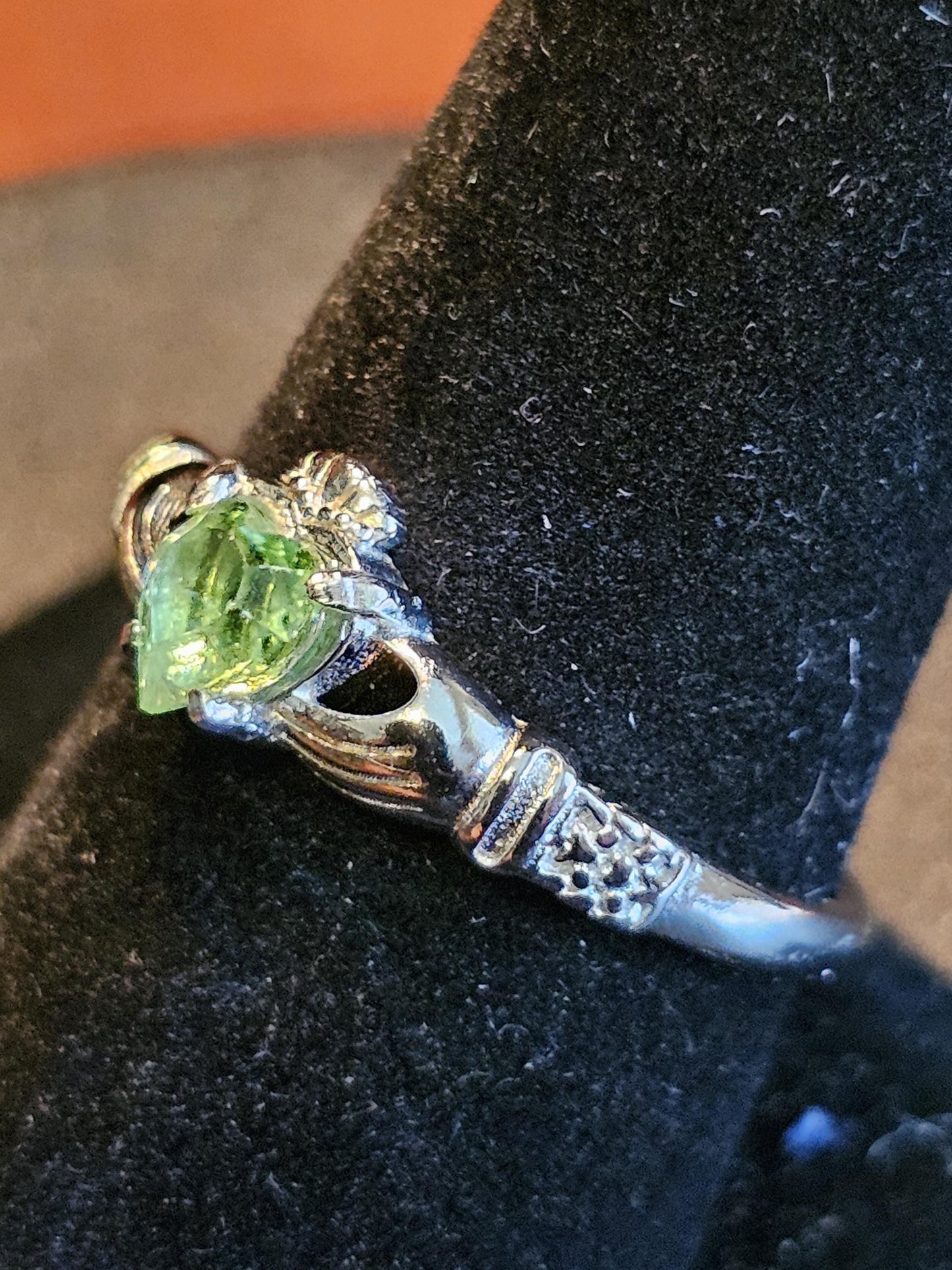 Uranium Glass Heart cut Claddagh Ring size 6 to 10 new Sterling Silver with a vintage Uranium glass stone that glows under black/UV light