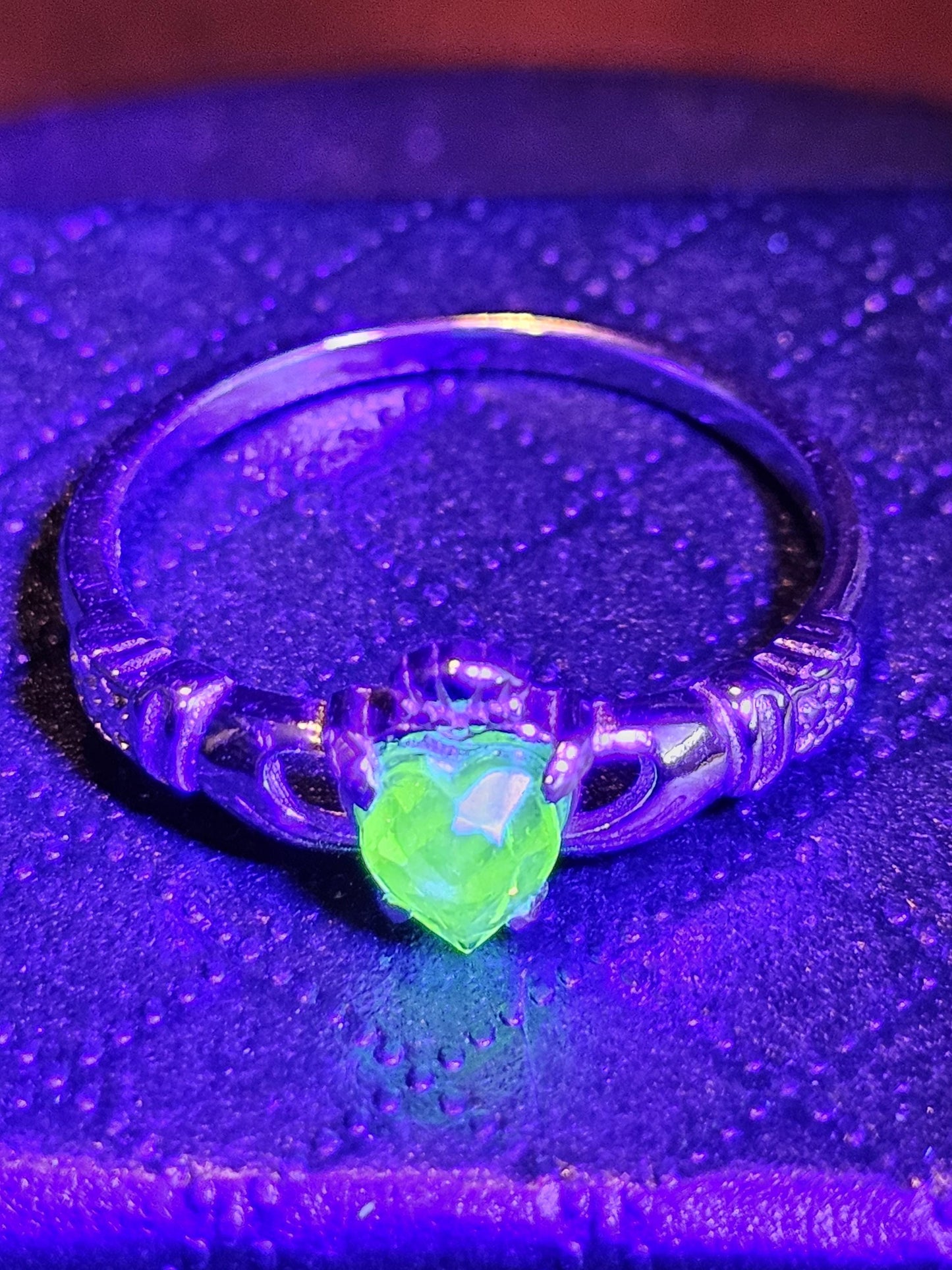 Uranium Glass Heart cut Claddagh Ring size 6 to 10 new Sterling Silver with a vintage Uranium glass stone that glows under black/UV light