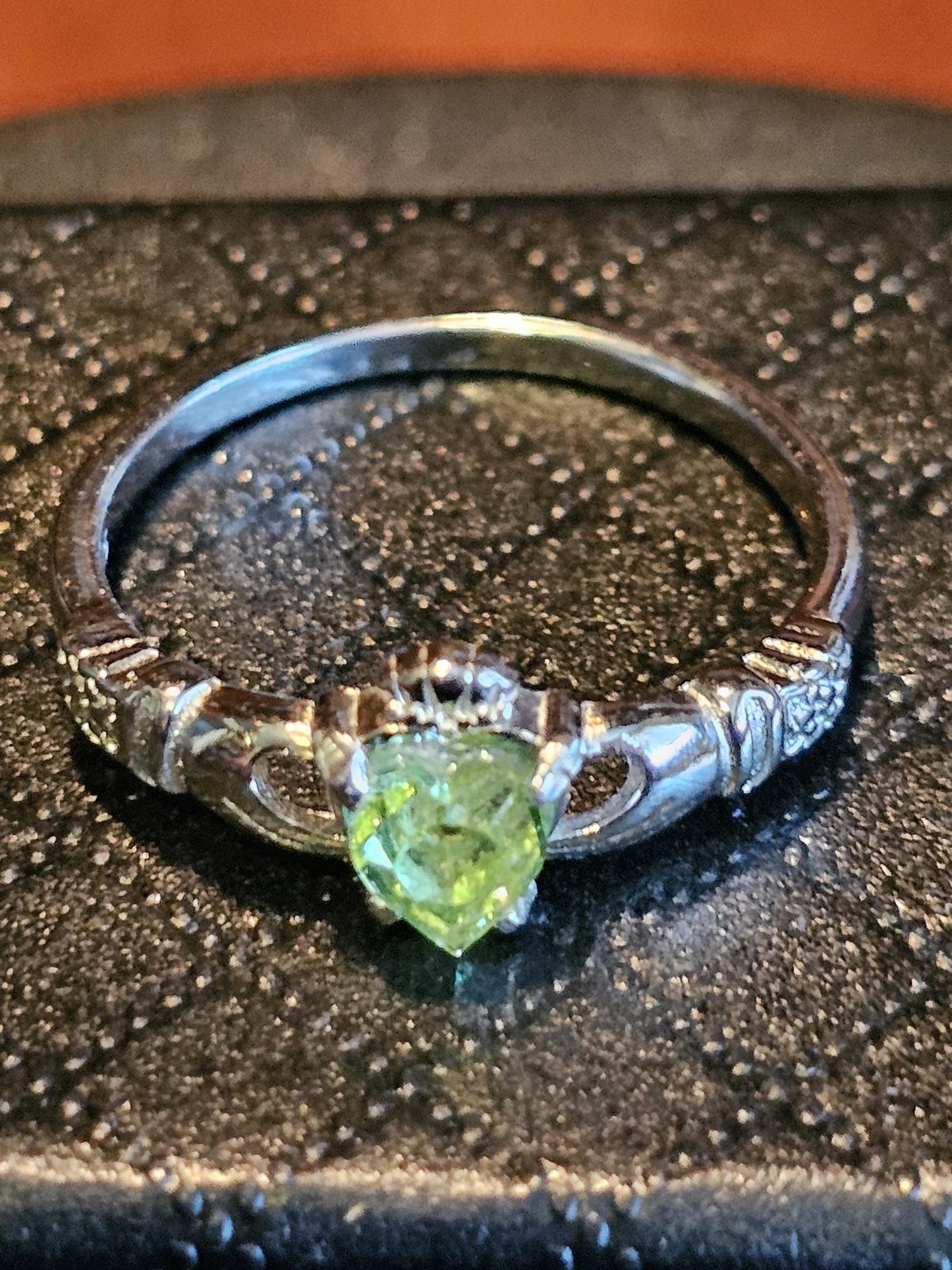 Uranium Glass Heart cut Claddagh Ring size 6 to 10 new Sterling Silver with a vintage Uranium glass stone that glows under black/UV light