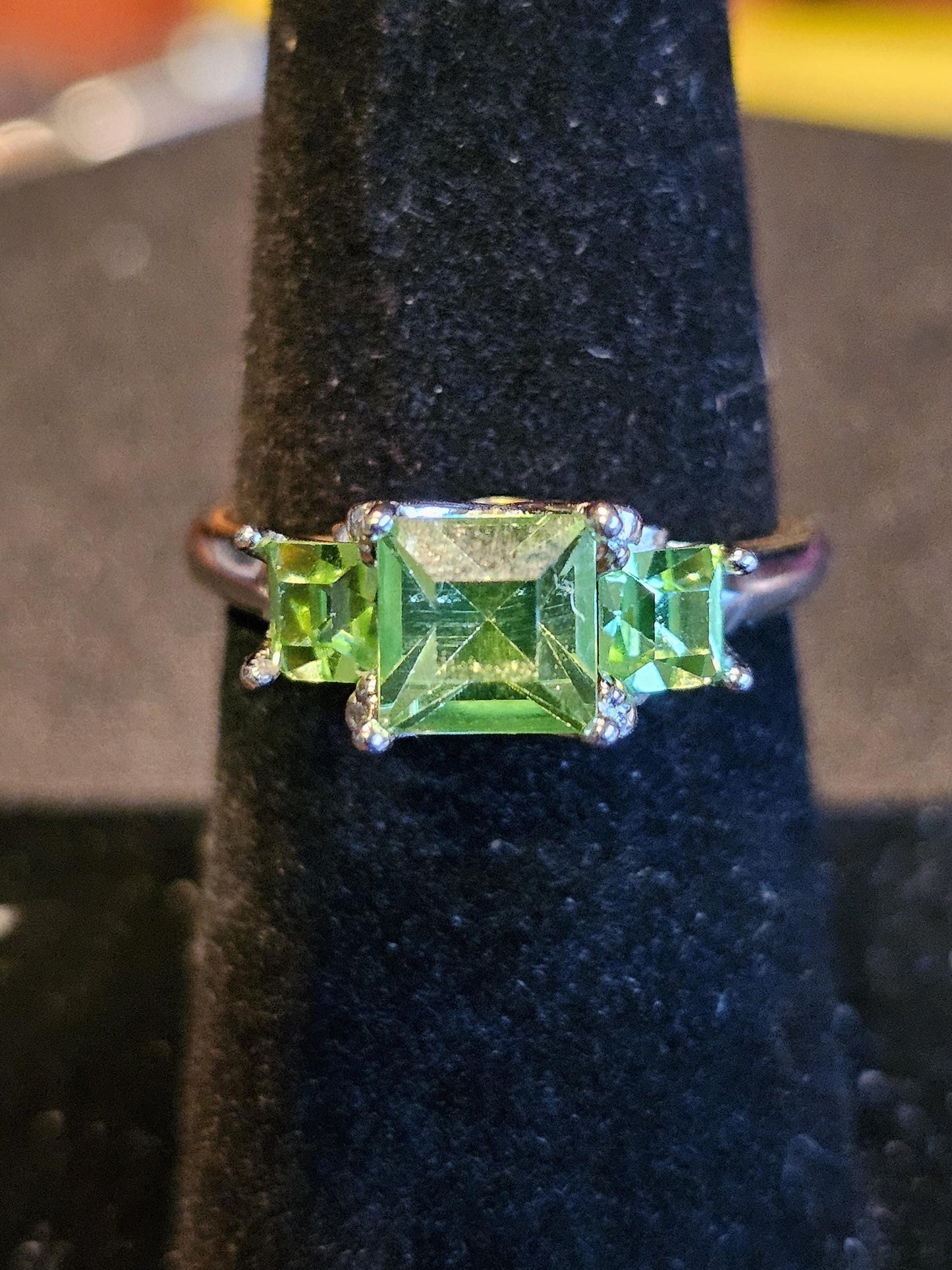 Uranium Glass Princess cut Ring size 7 new Sterling Silver/18K Gold Uranium glass stone and 2 accent stones that glows under black/UV light